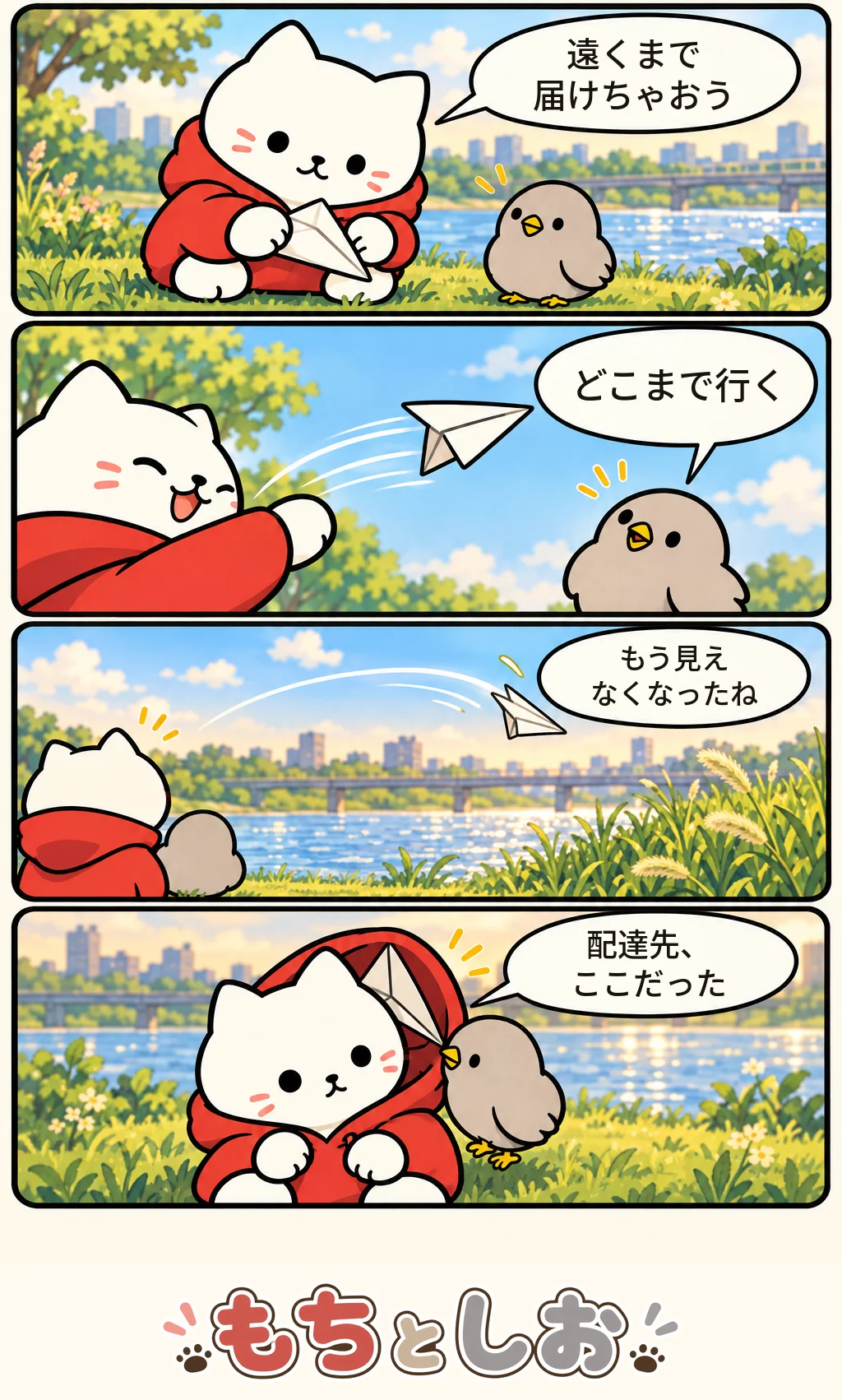 第10話「紙ひこうき便」。モチ「遠くまで届けちゃおう」 シオ「どこまで行く」 モチ「もう見えなくなったね」 モチ「配達先、ここだった」