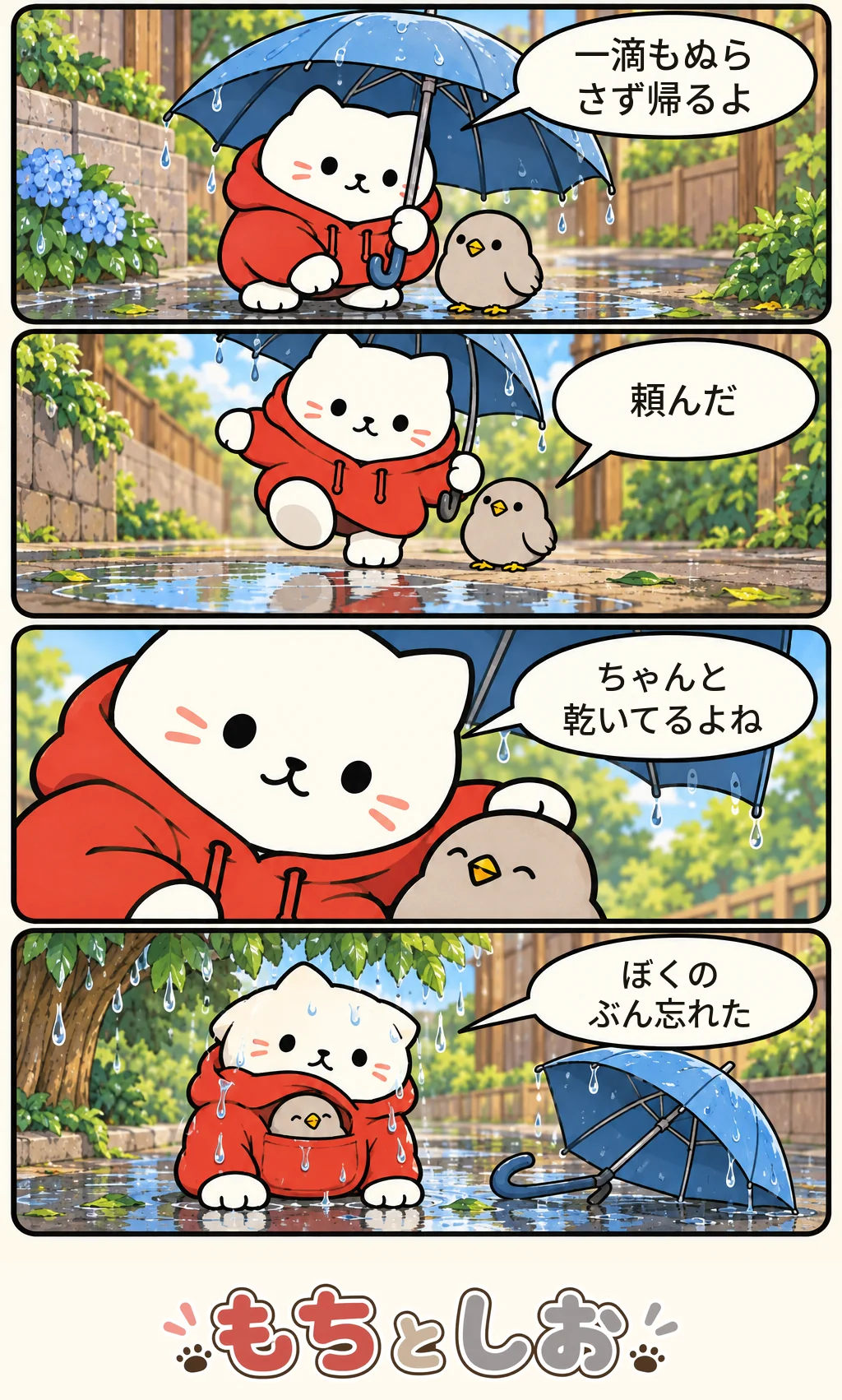 第11話「ぬれない作戦」。モチ「一滴もぬらさず帰るよ」 シオ「頼んだ」 モチ「ちゃんと乾いてるよね」 モチ「ぼくのぶん忘れた」