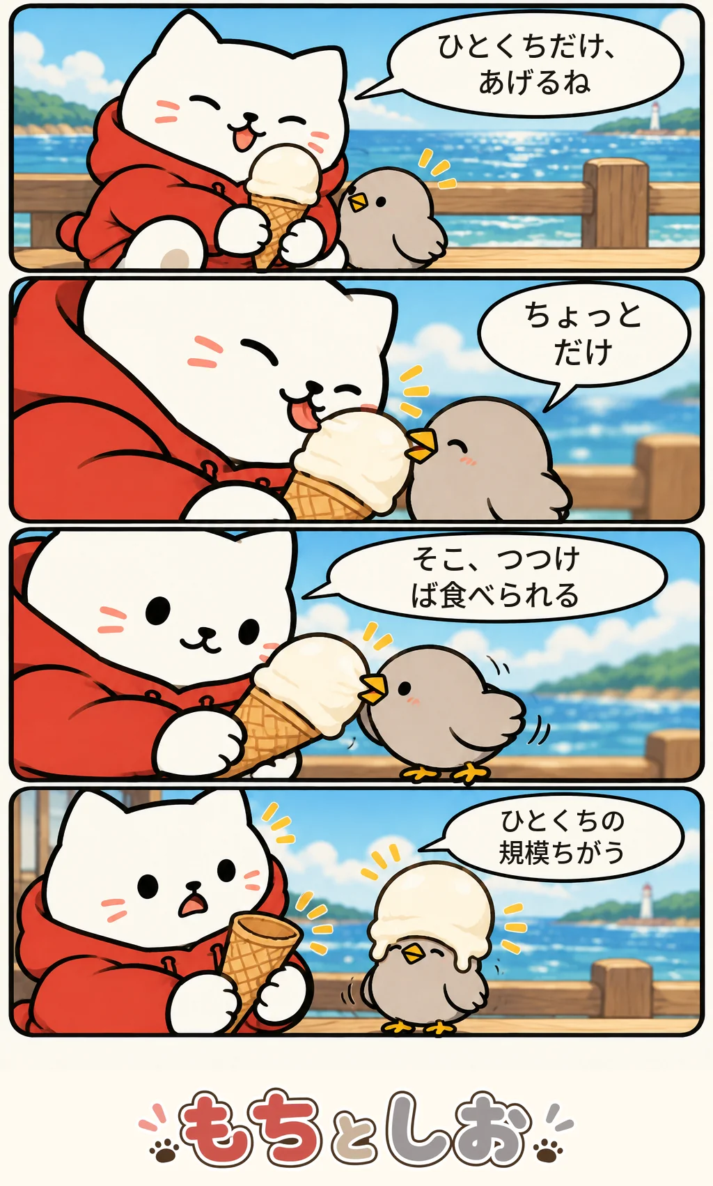 第13話「大きなひとくち」。モチ「ひとくちだけ、あげるね」 シオ「ちょっとだけ」 モチ「そこ、つつけば食べられる」 モチ「ひとくちの規模ちがう」