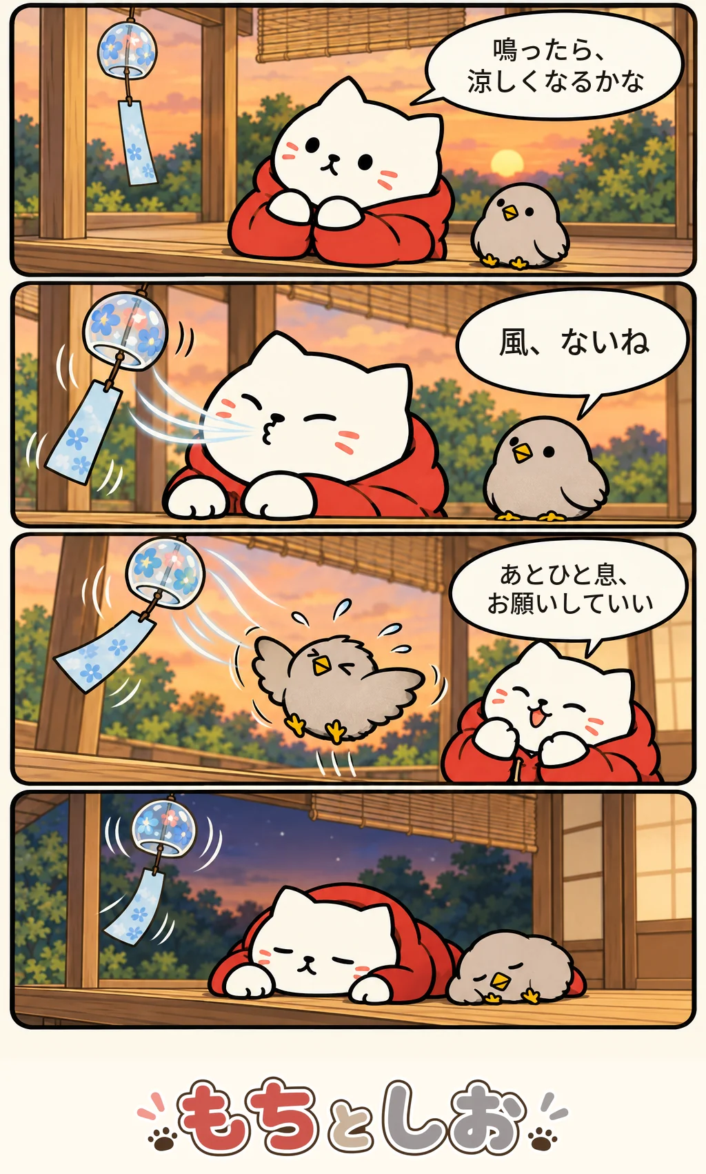 第15話「夏の残り音」。モチ「鳴ったら、涼しくなるかな」 シオ「風、ないね」 モチ「あとひと息、お願いしていい」 「」