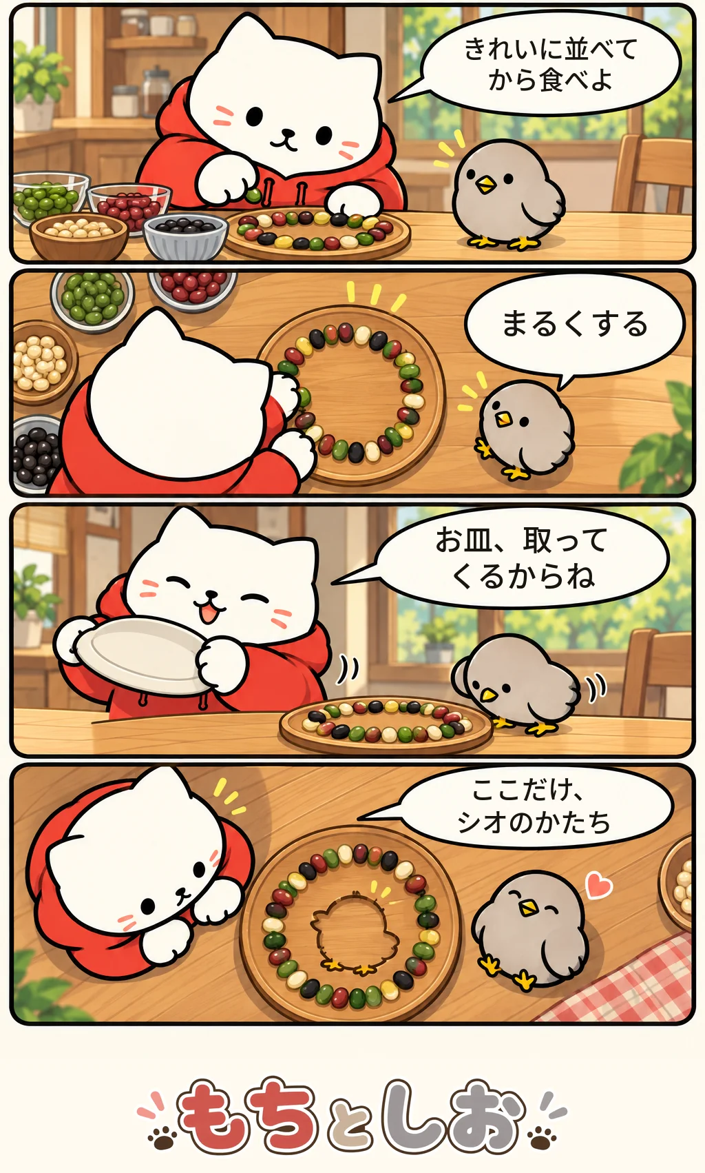 第16話「種の並び順」。モチ「きれいに並べてから食べよ」 シオ「まるくする」 モチ「お皿、取ってくるからね」 モチ「ここだけ、シオのかたち」