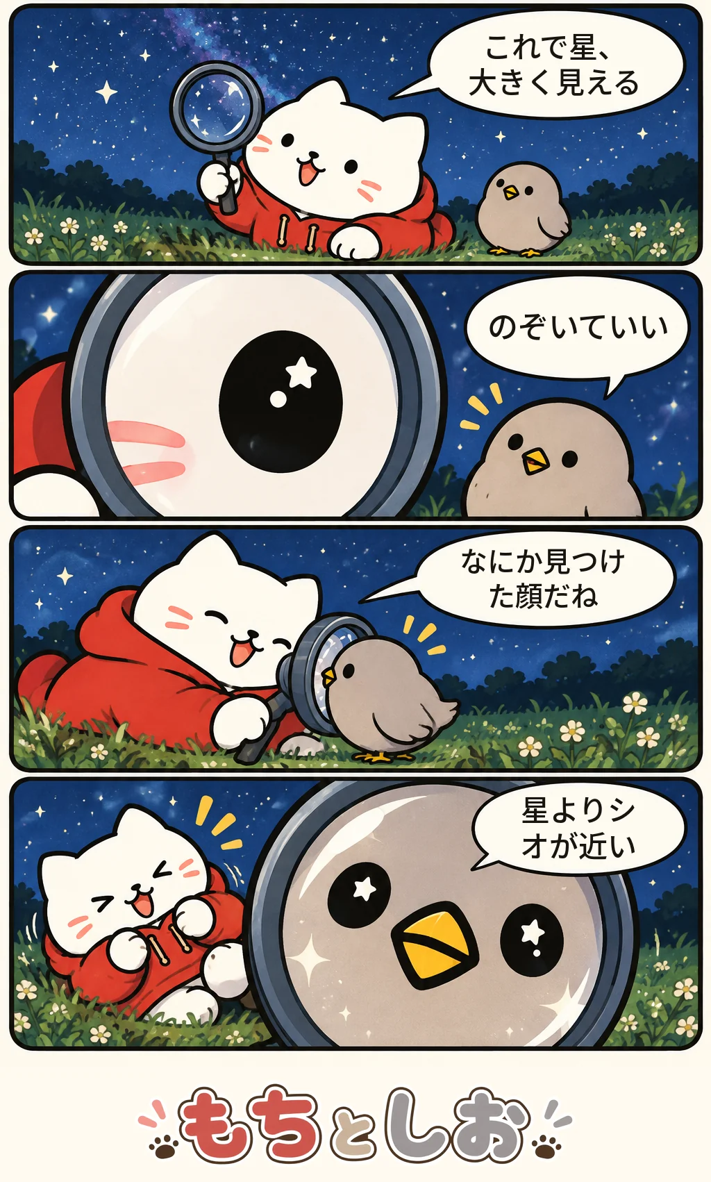 第17話「見えすぎる星」。モチ「これで星、大きく見える」 シオ「のぞいていい」 モチ「なにか見つけた顔だね」 モチ「星よりシオが近い」