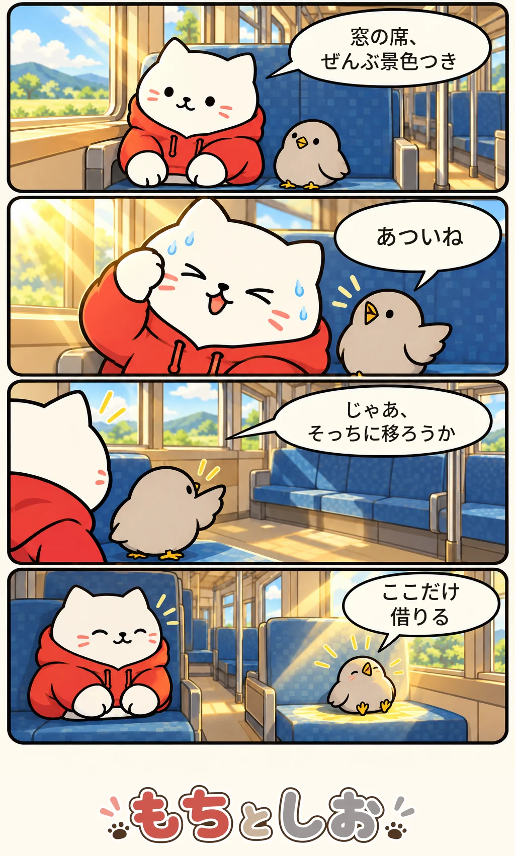 第18話「つめたい席替え」。モチ「窓の席、ぜんぶ景色つき」 シオ「あついね」 モチ「じゃあ、そっちに移ろうか」 シオ「ここだけ借りる」