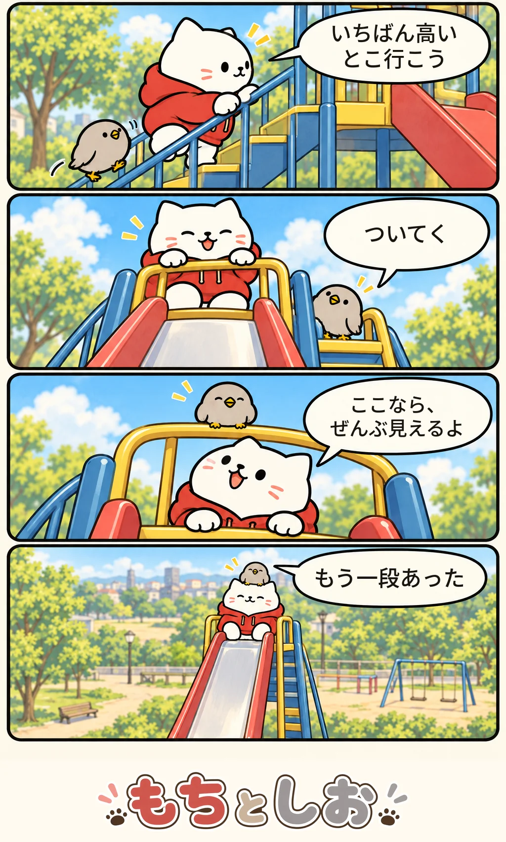 第20話「すべり台の頂上」。モチ「いちばん高いとこ行こう」 シオ「ついてく」 モチ「ここなら、ぜんぶ見えるよ」 シオ「もう一段あった」