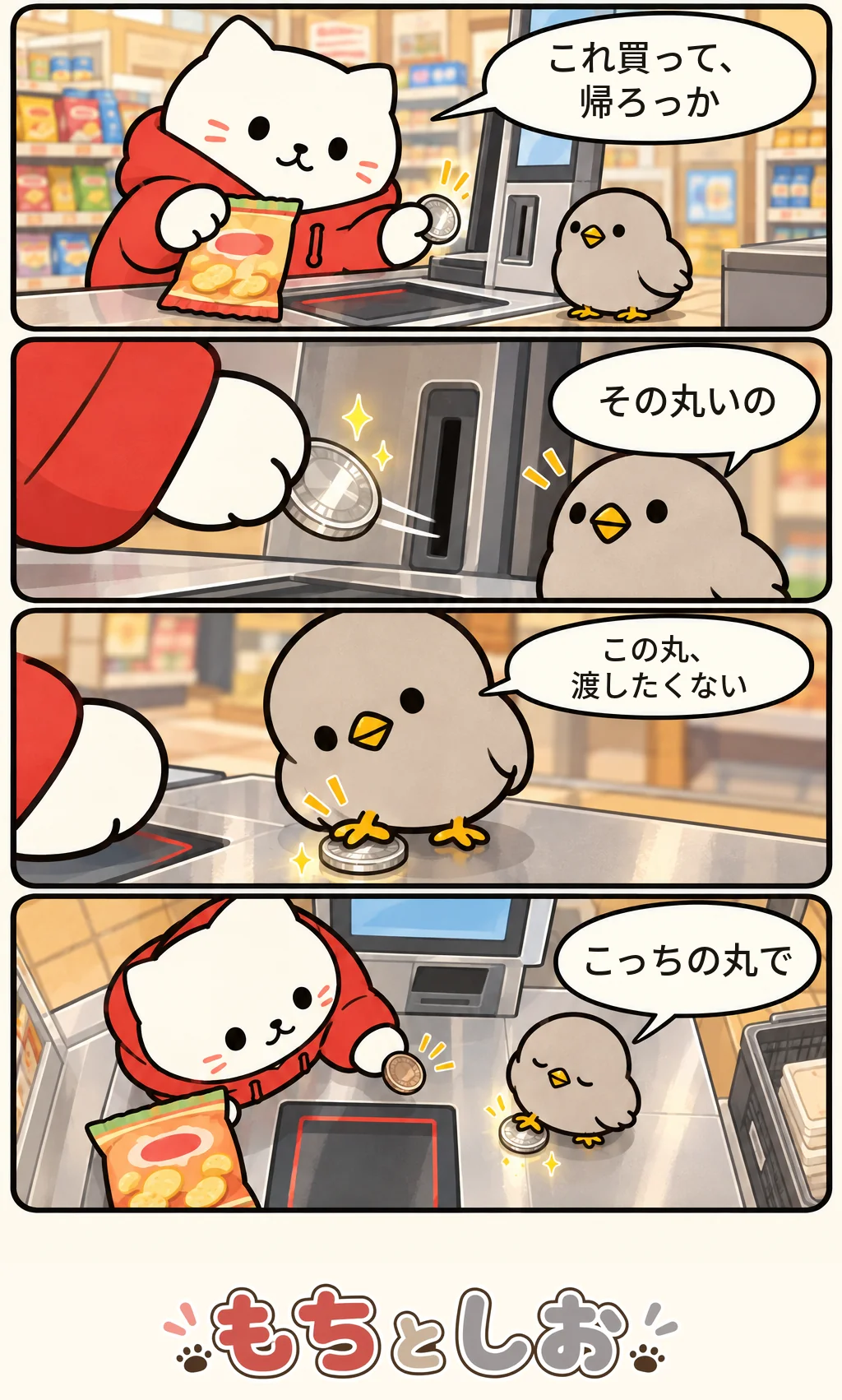 第21話「きらきら会計」。モチ「これ買って、帰ろっか」 シオ「その丸いの」 シオ「この丸、渡したくない」 シオ「こっちの丸で」