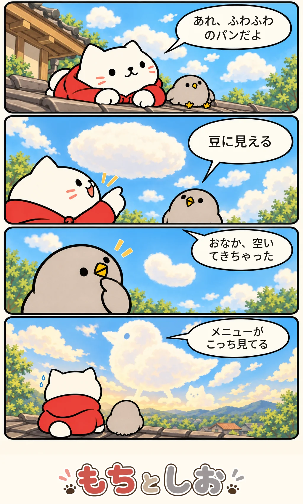 第22話「雲のメニュー」。モチ「あれ、ふわふわのパンだよ」 シオ「豆に見える」 モチ「おなか、空いてきちゃった」 モチ「メニューがこっち見てる」
