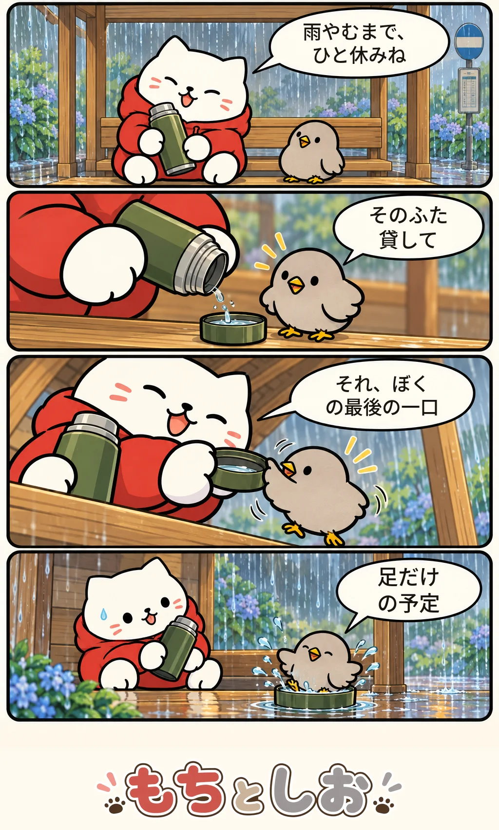 第25話「きゅうな大雨」。モチ「雨やむまで、ひと休みね」 シオ「そのふた貸して」 モチ「それ、ぼくの最後の一口」 シオ「足だけの予定」