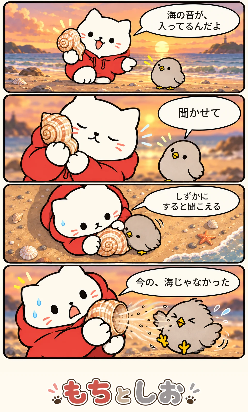 第26話「みつめる貝殻」。モチ「海の音が、入ってるんだよ」 シオ「聞かせて」 モチ「しずかにすると聞こえる」 モチ「今の、海じゃなかった」