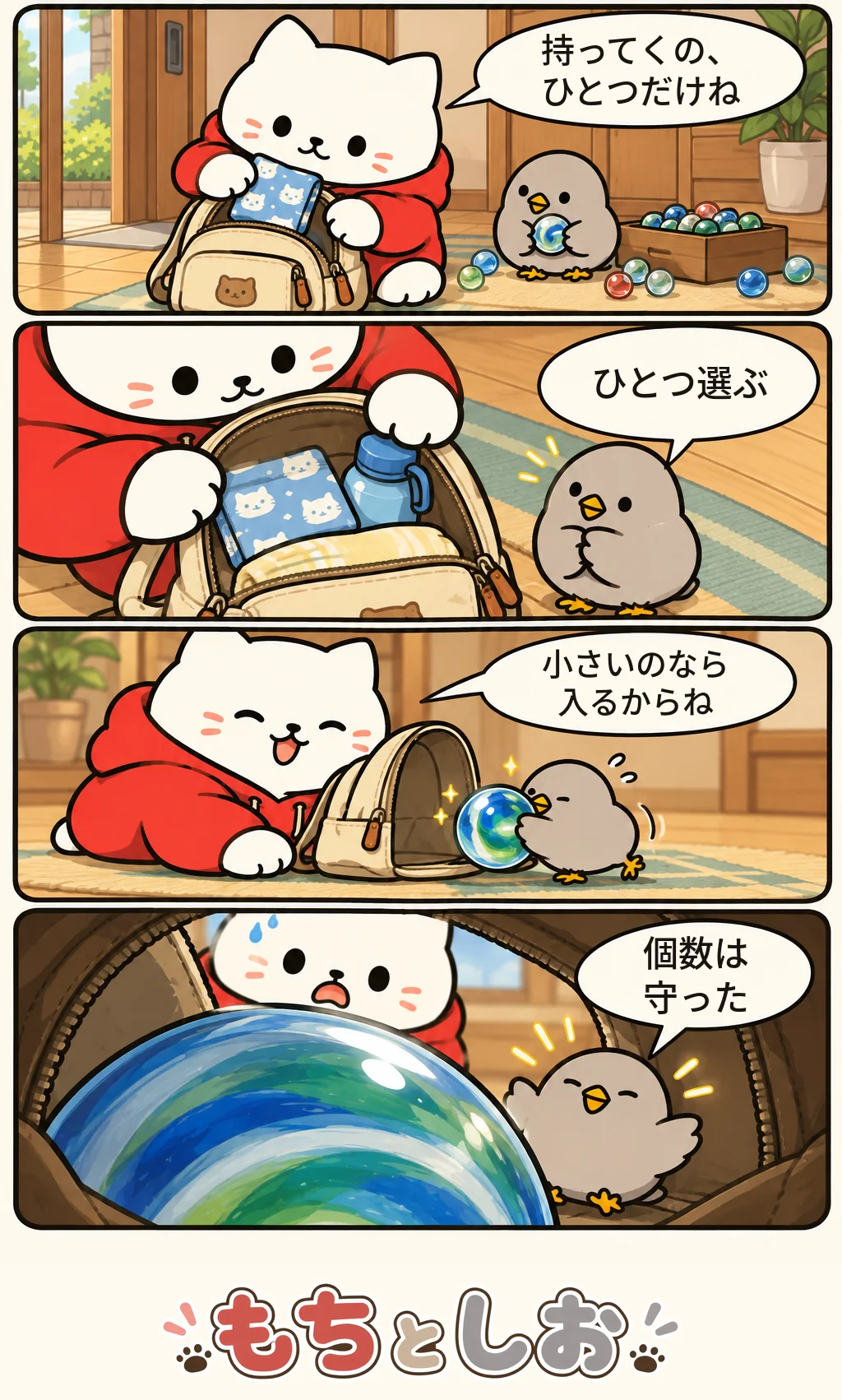 第27話「ひとつだけの荷物」。モチ「持ってくの、ひとつだけね」 シオ「ひとつ選ぶ」 モチ「小さいのなら入るからね」 シオ「個数は守った」