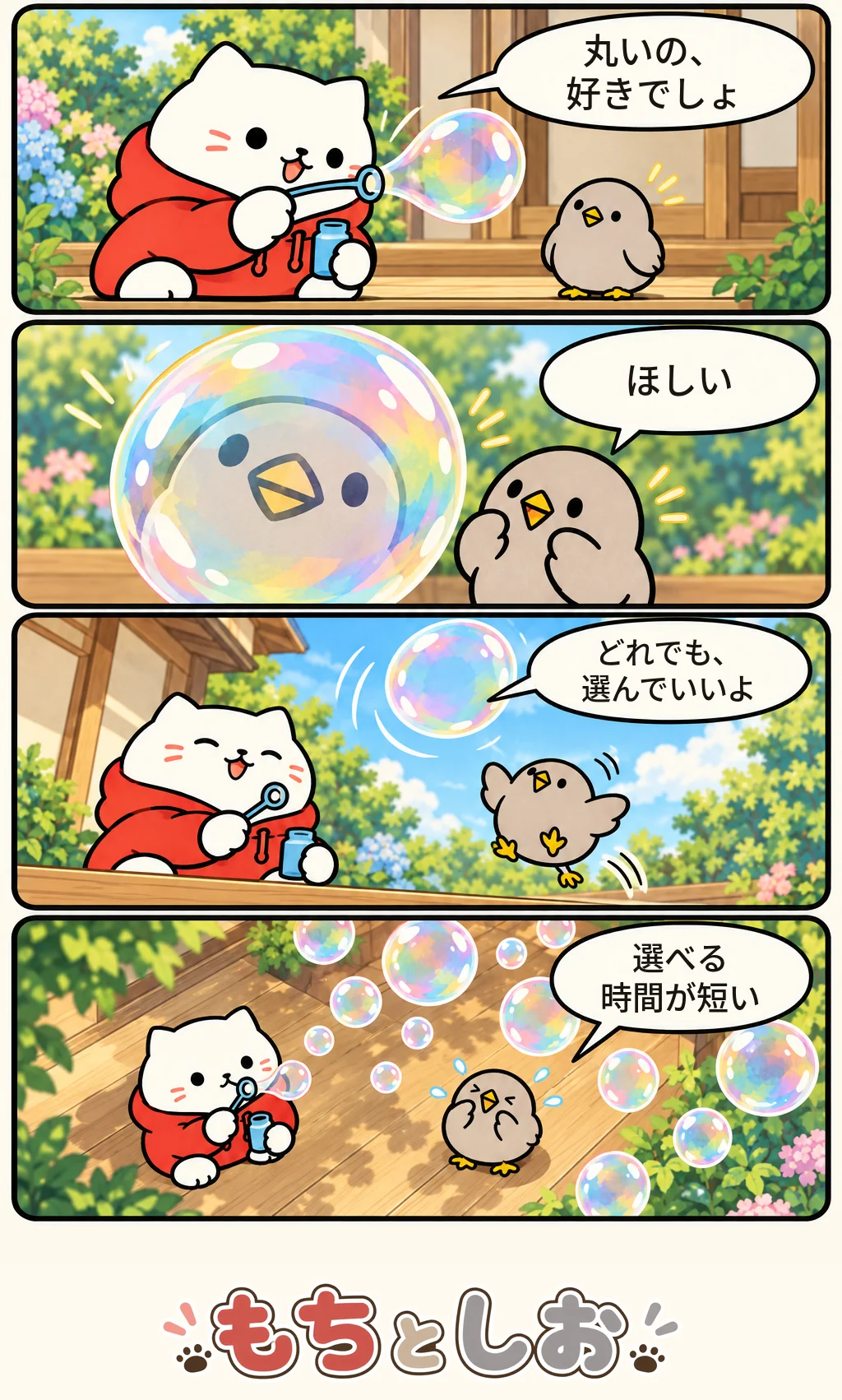 第28話「丸いの選び放題」。モチ「丸いの、好きでしょ」 シオ「ほしい」 モチ「どれでも、選んでいいよ」 シオ「選べる時間が短い」