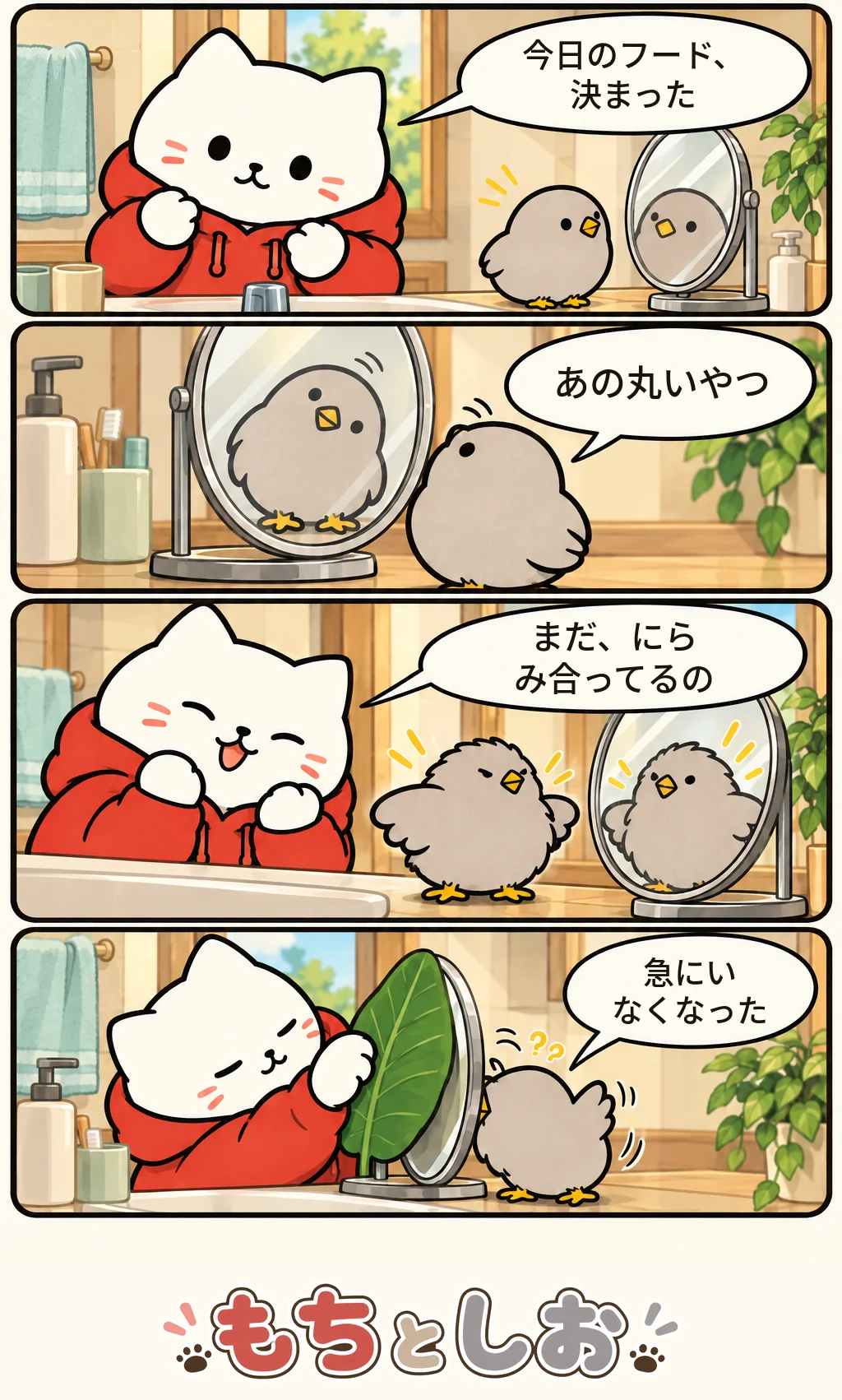 第29話「鏡のライバル」。モチ「今日のフード、決まった」 シオ「あの丸いやつ」 モチ「まだ、にらみ合ってるの」 シオ「急にいなくなった」