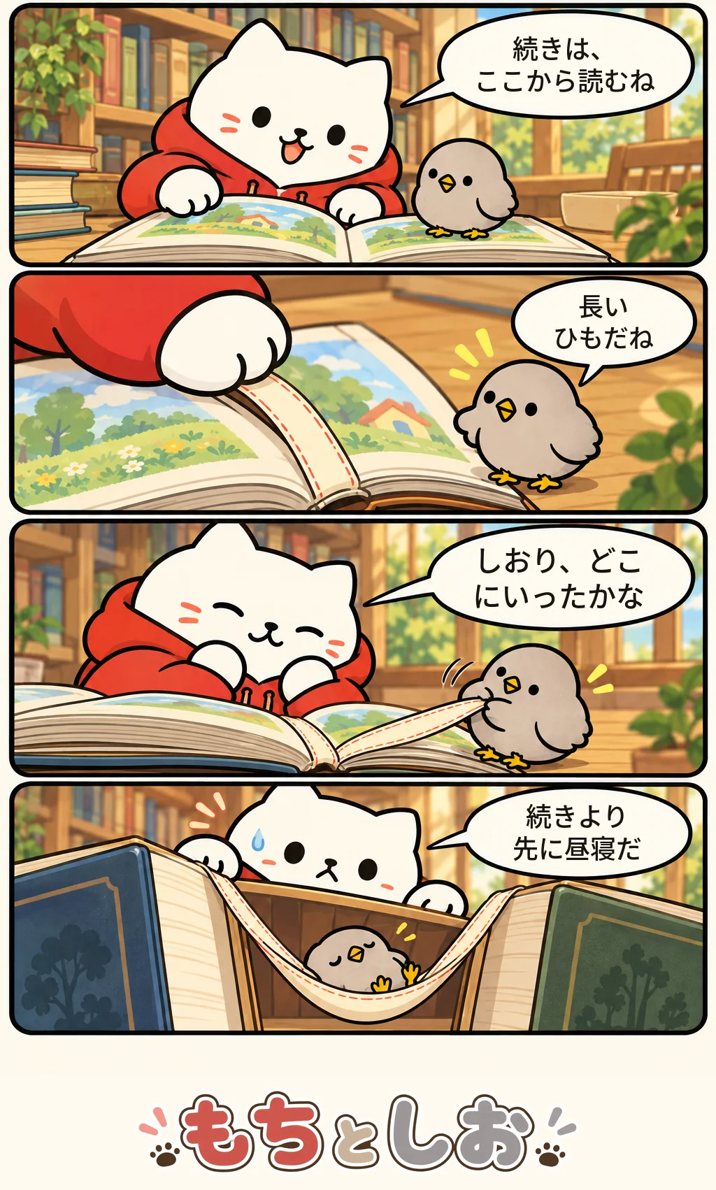 第30話「夏のしおり」。モチ「続きは、ここから読むね」 シオ「長いひもだね」 モチ「しおり、どこにいったかな」 モチ「続きより先に昼寝だ」