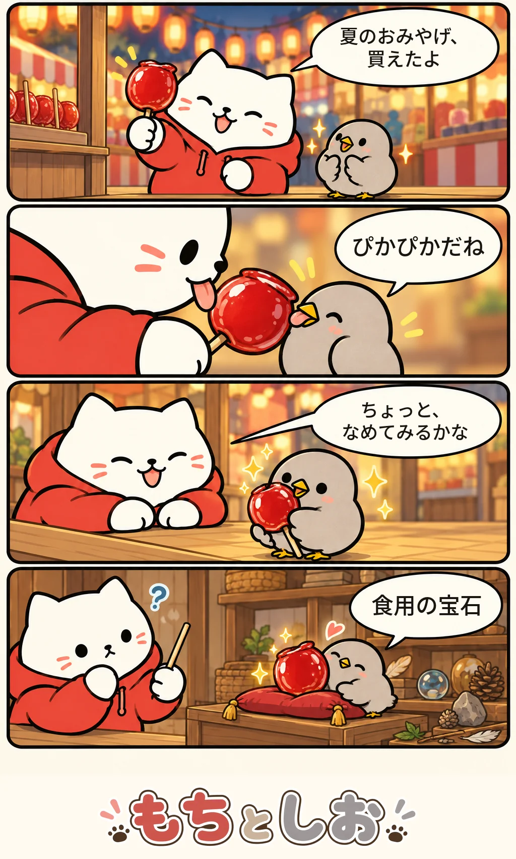 第31話「さいごの夏祭り」。モチ「夏のおみやげ、買えたよ」 シオ「ぴかぴかだね」 モチ「ちょっと、なめてみるかな」 シオ「食用の宝石」