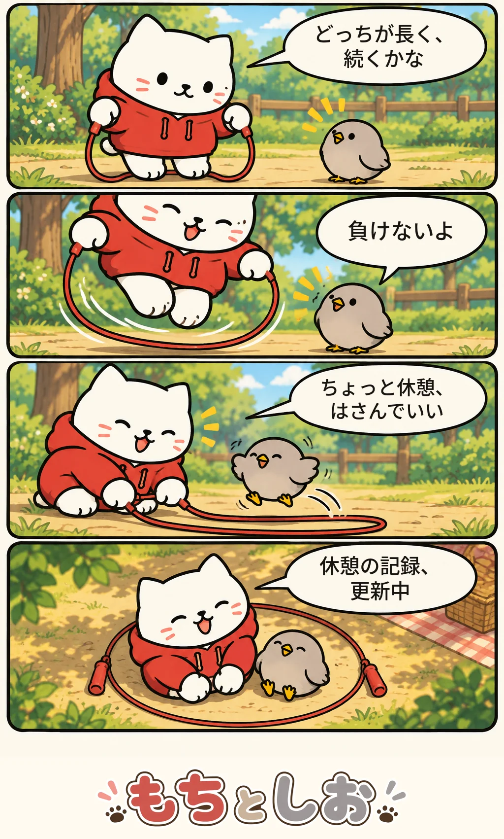 第32話「スタート前の勝負」。モチ「どっちが長く、続くかな」 シオ「負けないよ」 モチ「ちょっと休憩、はさんでいい」 モチ「休憩の記録、更新中」