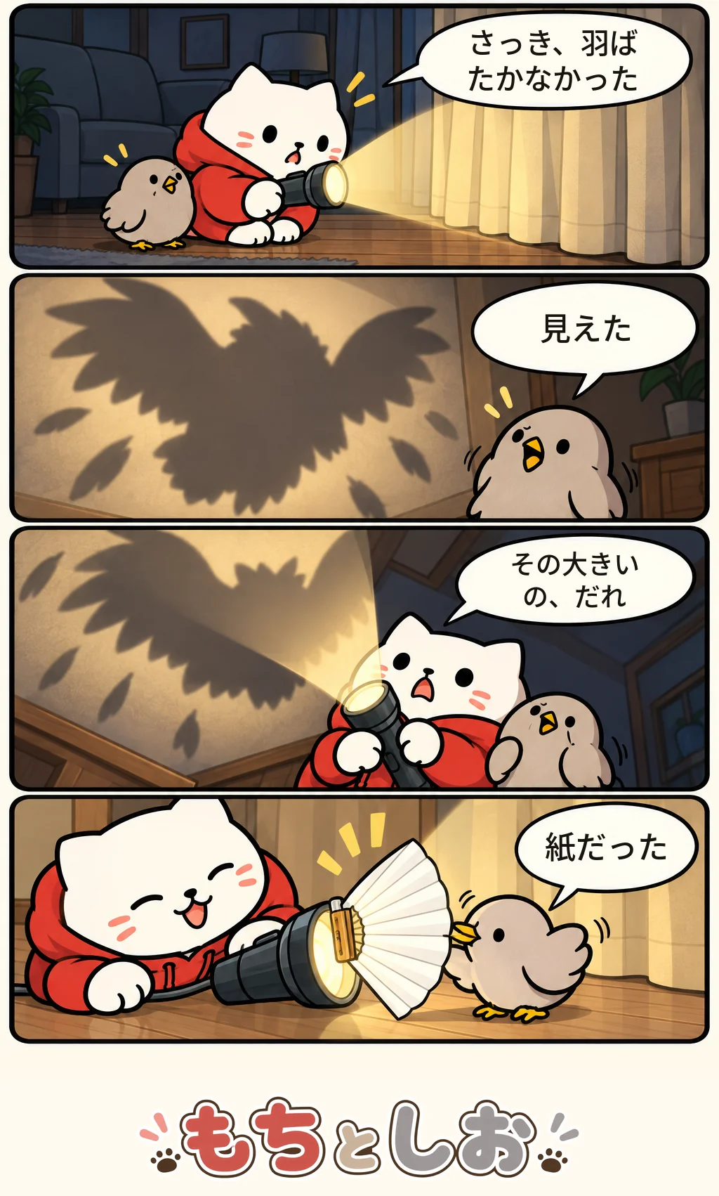 第33話「夜の点滅」。モチ「さっき、羽ばたかなかった」 シオ「見えた」 モチ「その大きいの、だれ」 シオ「紙だった」