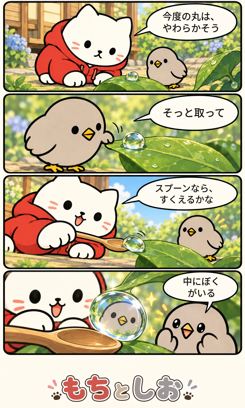 第35話「雫のたんけん」。モチ「今度の丸は、やわらかそう」 シオ「そっと取って」 モチ「スプーンなら、すくえるかな」 シオ「中にぼくがいる」