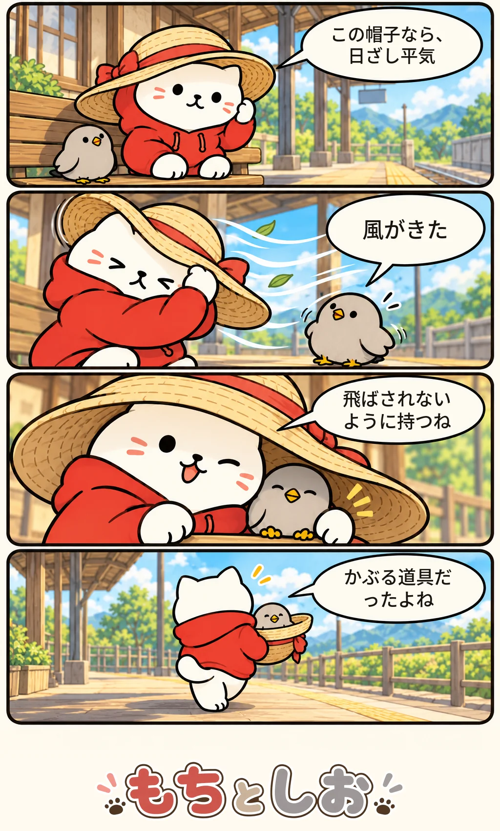 第36話「ホームの風」。モチ「この帽子なら、日ざし平気」 シオ「風がきた」 モチ「飛ばされないように持つね」 モチ「かぶる道具だったよね」