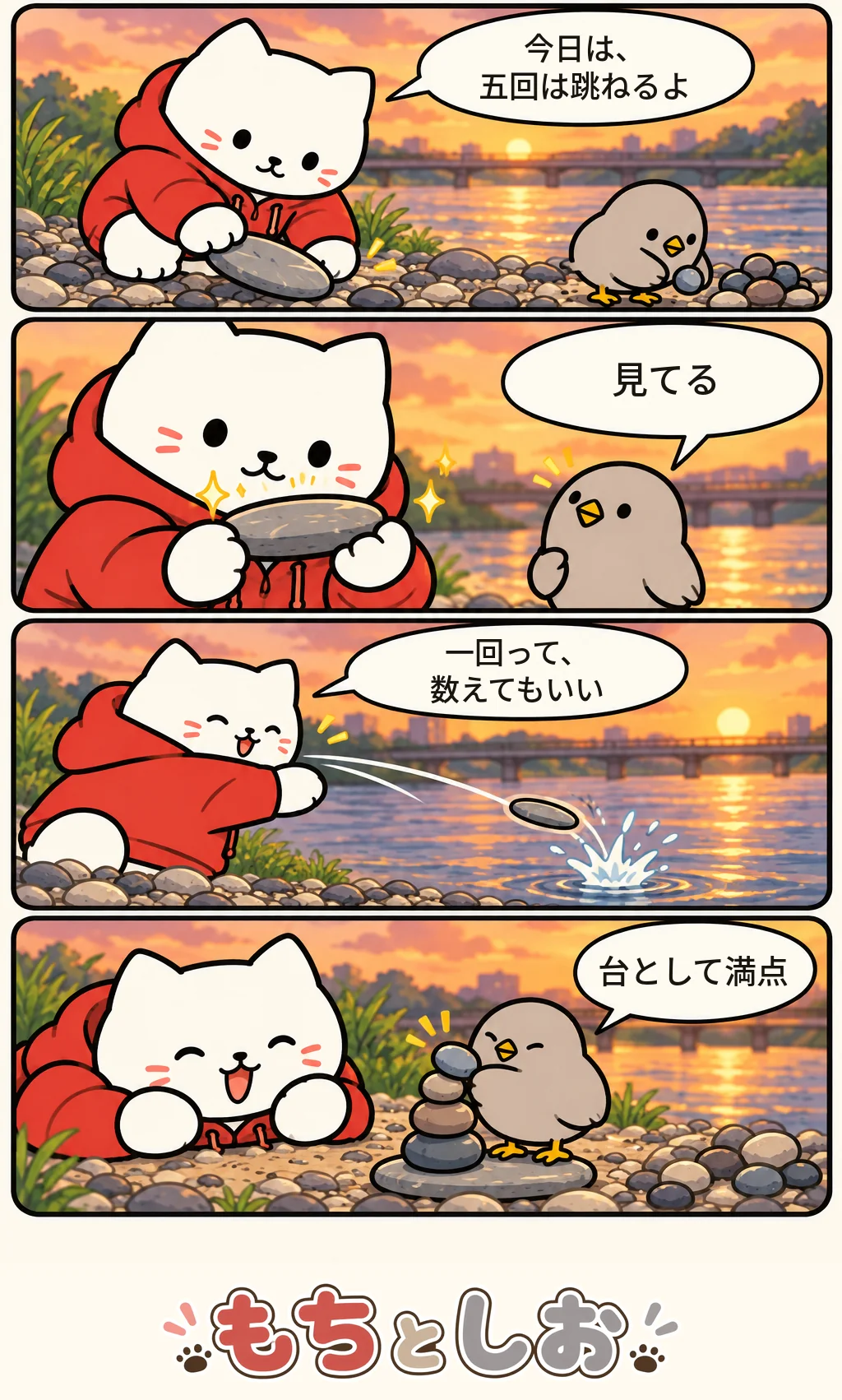第38話「夕日の水切り」。モチ「今日は、五回は跳ねるよ」 シオ「見てる」 モチ「一回って、数えてもいい」 シオ「台として満点」