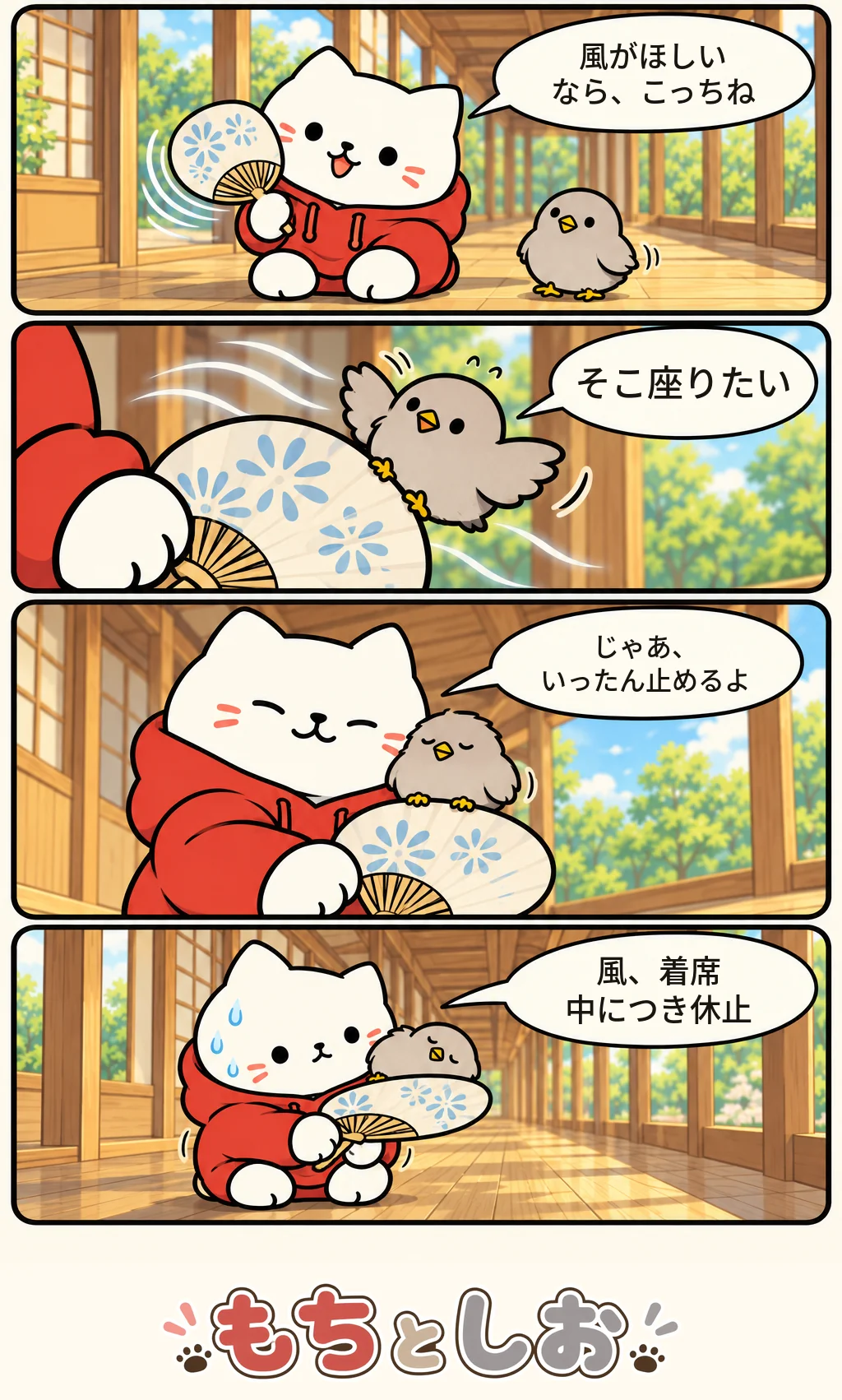 第39話「なつの出口」。モチ「風がほしいなら、こっちね」 シオ「そこ座りたい」 モチ「じゃあ、いったん止めるよ」 モチ「風、着席中につき休止」