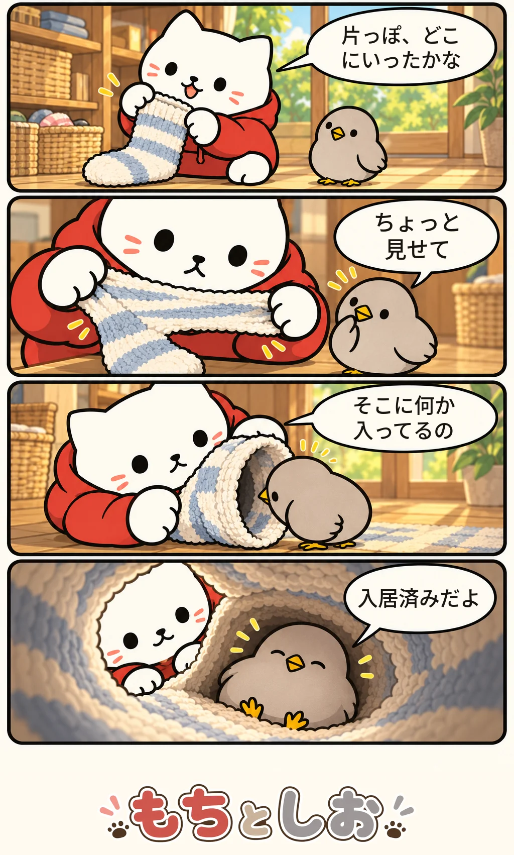 第40話「くつしたの正体」。モチ「片っぽ、どこにいったかな」 シオ「ちょっと見せて」 モチ「そこに何か入ってるの」 シオ「入居済みだよ」