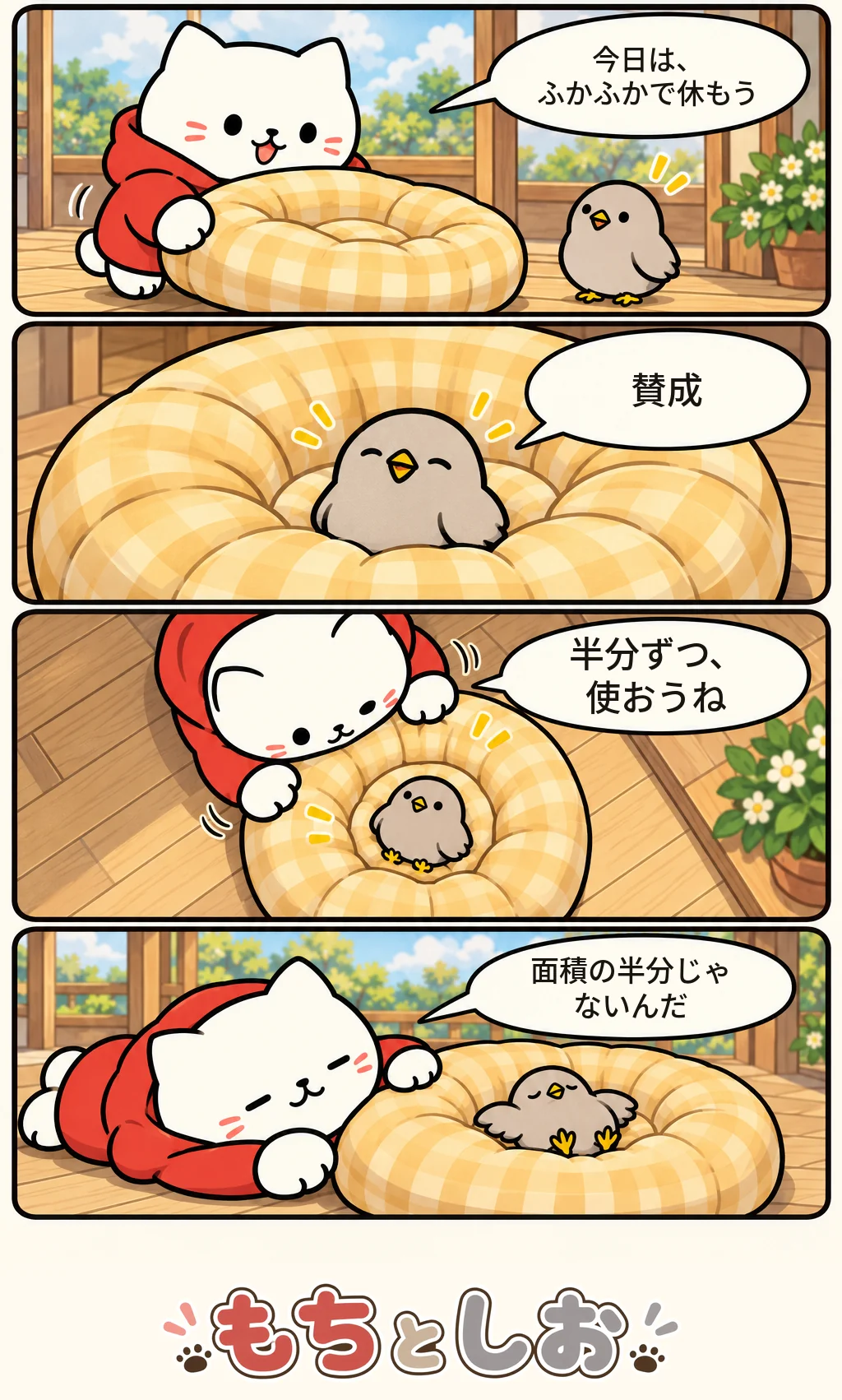 第41話「くもりの特等席」。モチ「今日は、ふかふかで休もう」 シオ「賛成」 モチ「半分ずつ、使おうね」 モチ「面積の半分じゃないんだ」