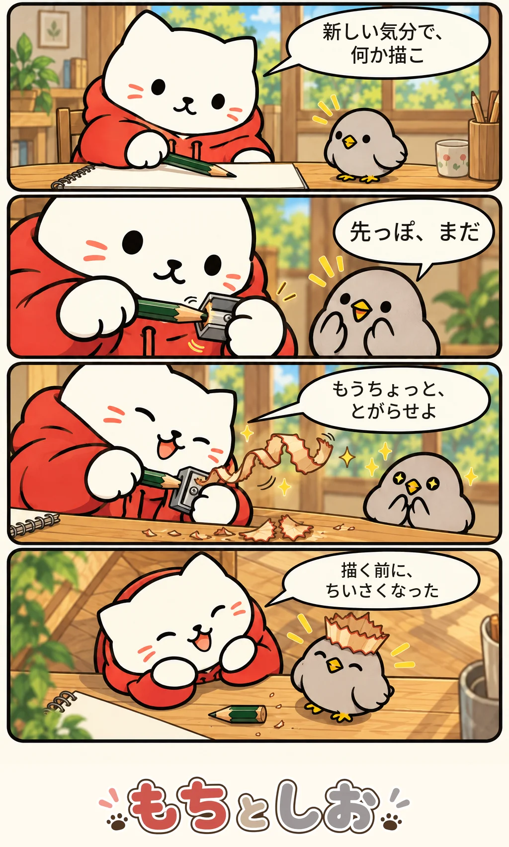 第42話「新学期のえんぴつ」。モチ「新しい気分で、何か描こ」 シオ「先っぽ、まだ」 モチ「もうちょっと、とがらせよ」 モチ「描く前に、ちいさくなった」