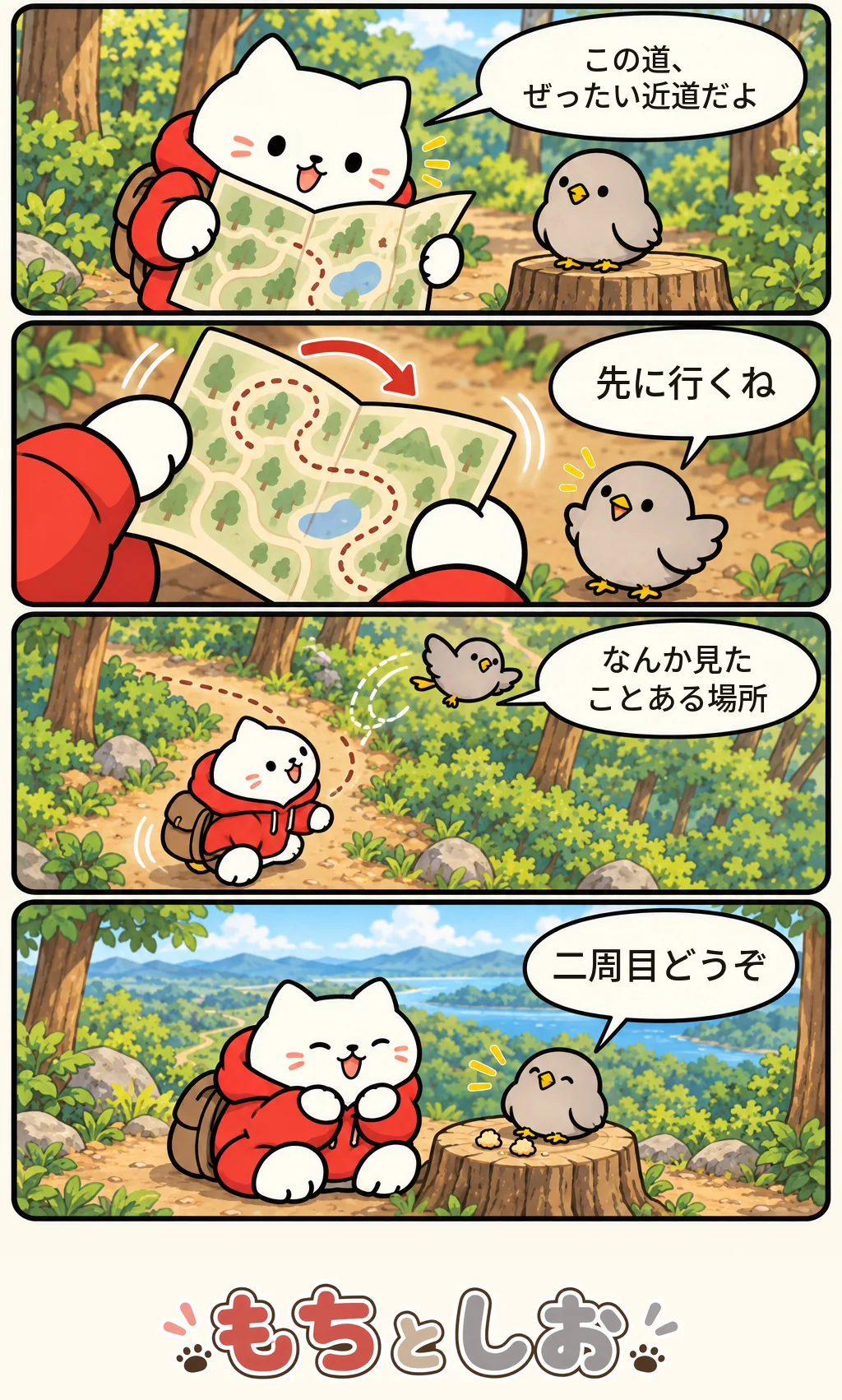 第43話「ころがる予定」。モチ「この道、ぜったい近道だよ」 シオ「先に行くね」 モチ「なんか見たことある場所」 シオ「二周目どうぞ」