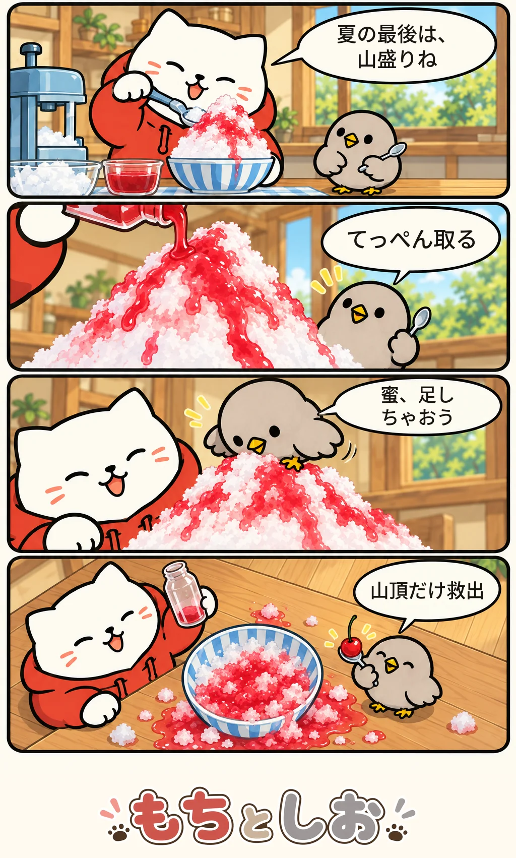 第44話「かき氷の山頂」。モチ「夏の最後は、山盛りね」 シオ「てっぺん取る」 モチ「蜜、足しちゃおう」 シオ「山頂だけ救出」