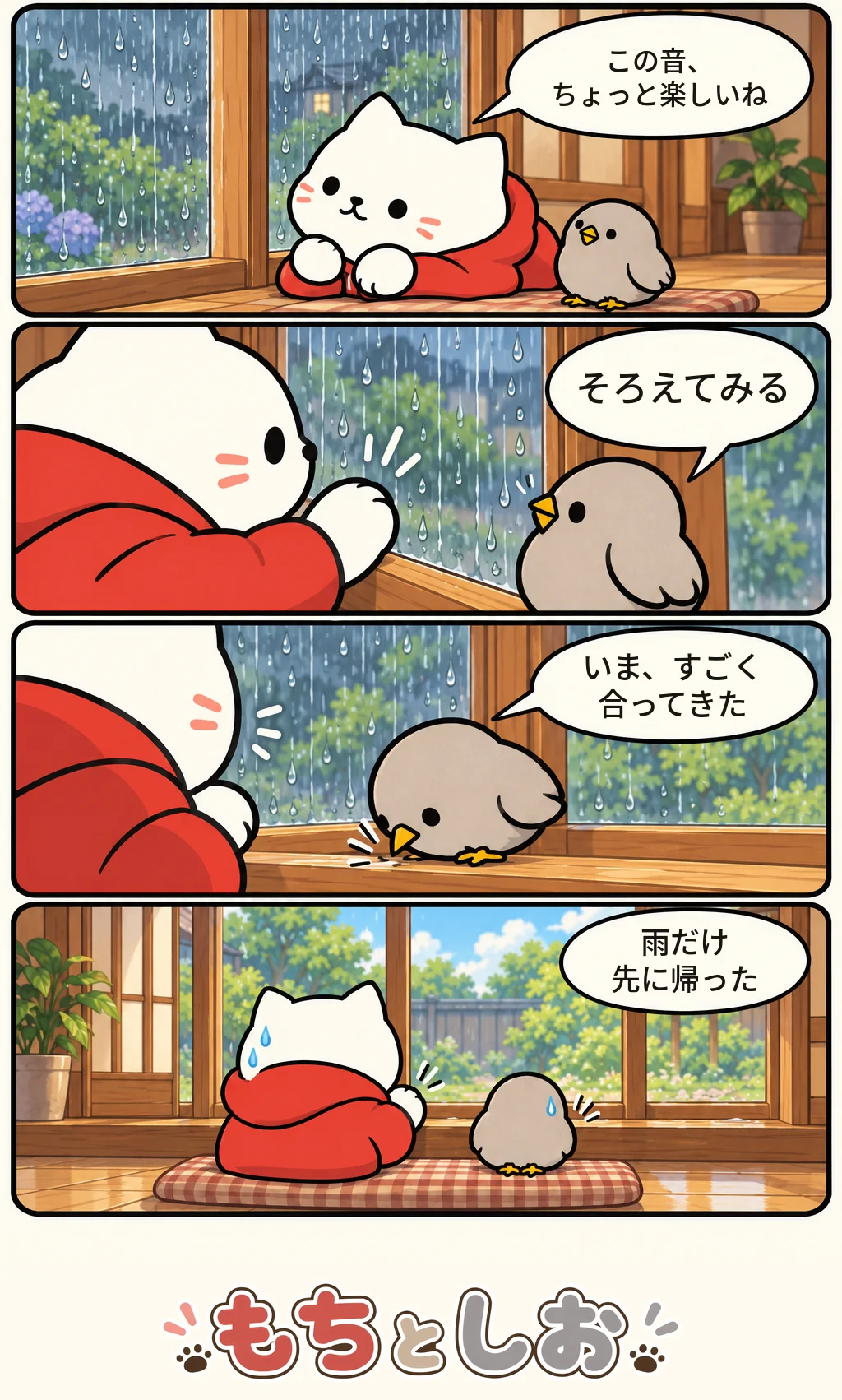 第45話「あめ音の合奏」。モチ「この音、ちょっと楽しいね」 シオ「そろえてみる」 モチ「いま、すごく合ってきた」 モチ「雨だけ先に帰った」