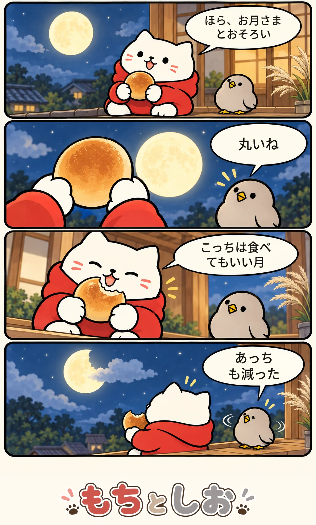 第46話「ふたつの月」。モチ「ほら、お月さまとおそろい」 シオ「丸いね」 モチ「こっちは食べてもいい月」 シオ「あっちも減った」