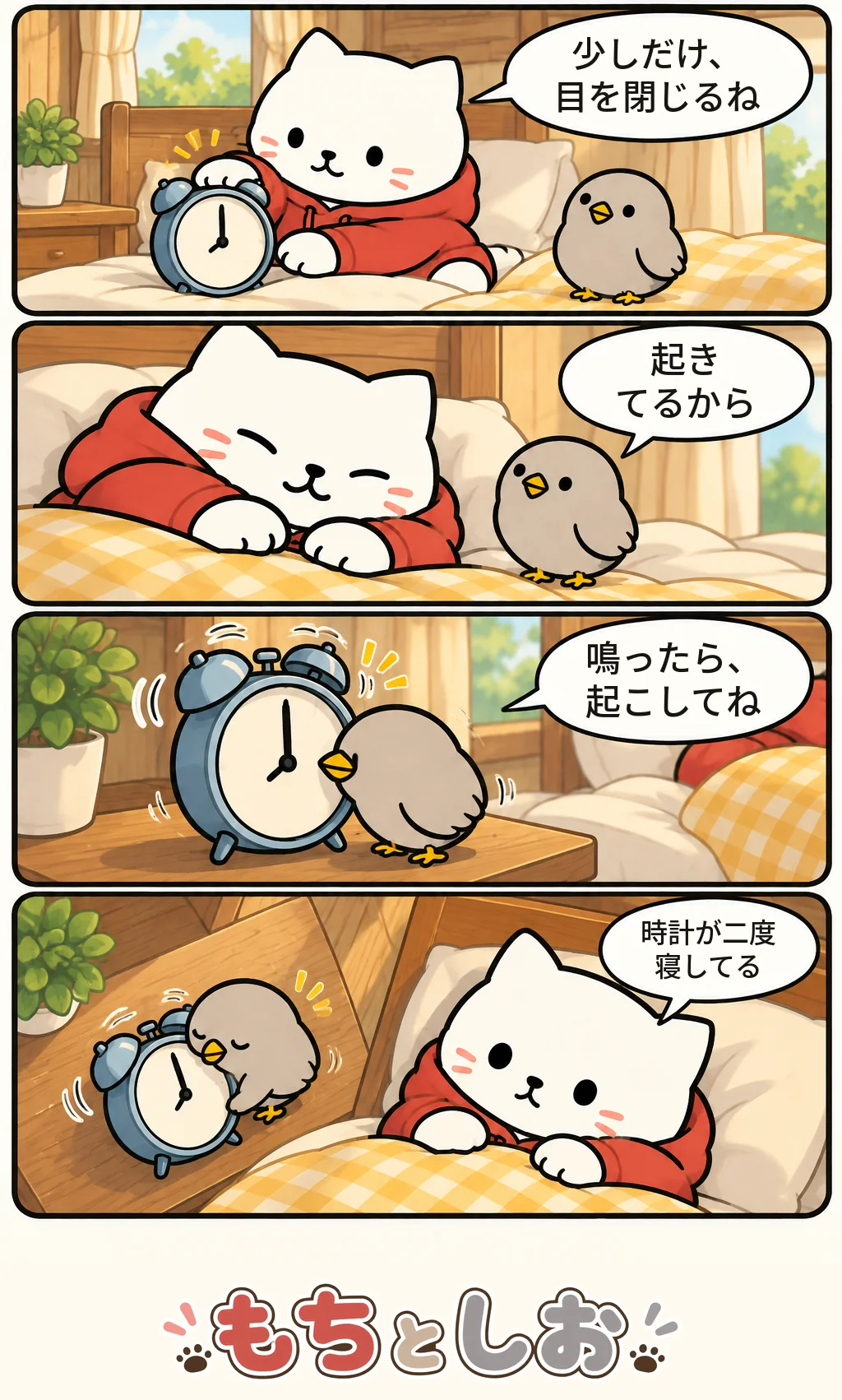 第47話「お昼寝の予約席」。モチ「少しだけ、目を閉じるね」 シオ「起きてるから」 モチ「鳴ったら、起こしてね」 モチ「時計が二度寝してる」