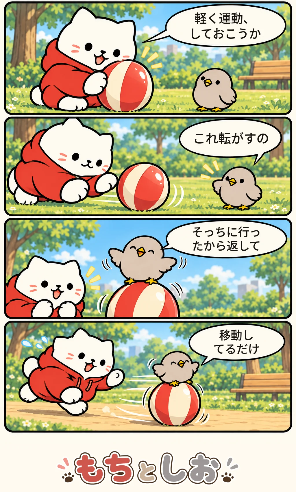 第49話「一歩も走らない日」。モチ「軽く運動、しておこうか」 シオ「これ転がすの」 モチ「そっちに行ったから返して」 シオ「移動してるだけ」