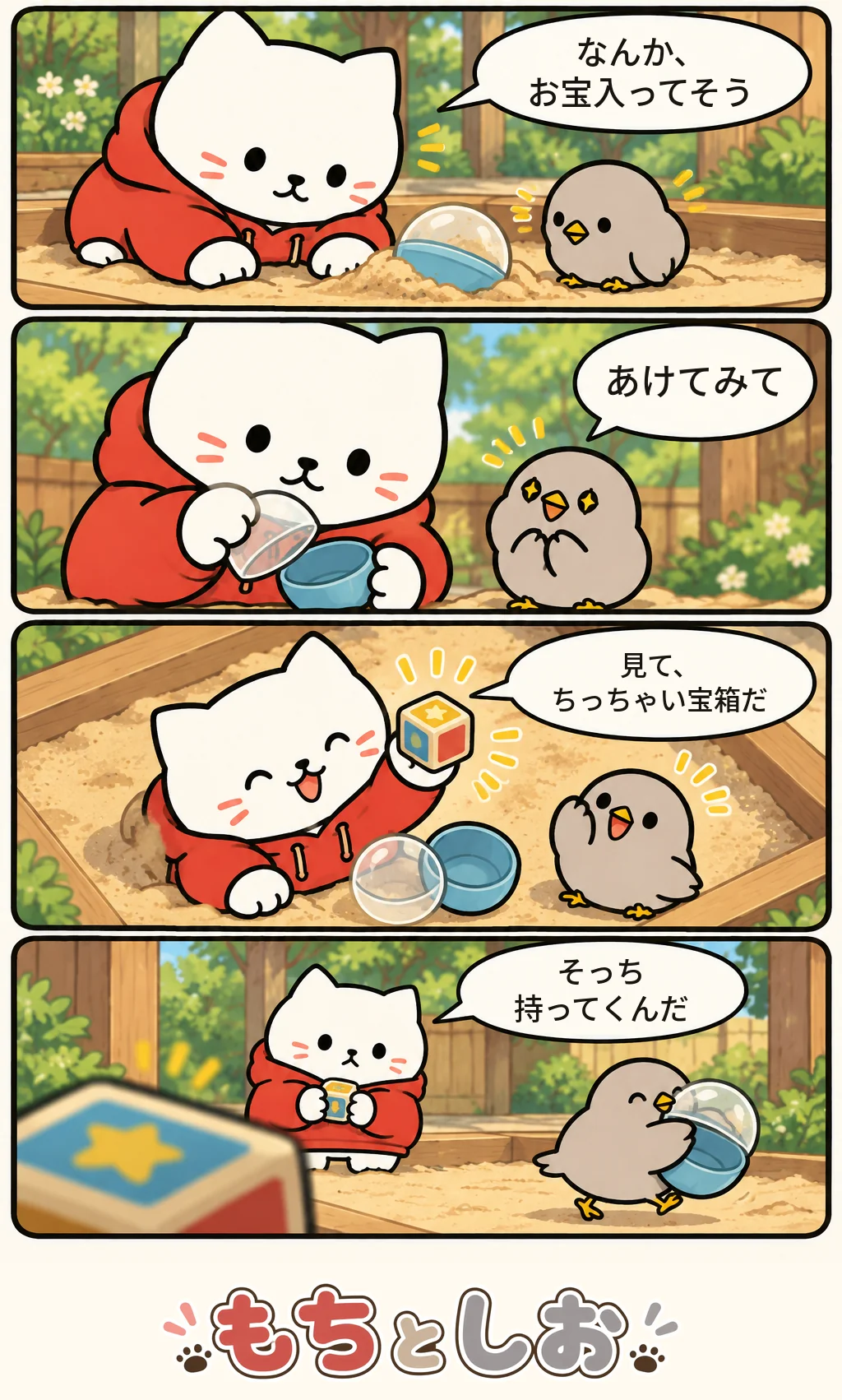 第5話「丸い落とし物」。モチ「なんか、お宝入ってそう」 シオ「あけてみて」 モチ「見て、ちっちゃい宝箱だ」 モチ「そっち持ってくんだ」