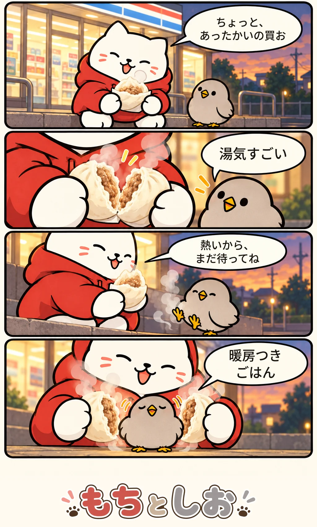 第50話「あたたかい証拠」。モチ「ちょっと、あったかいの買お」 シオ「湯気すごい」 モチ「熱いから、まだ待ってね」 シオ「暖房つきごはん」