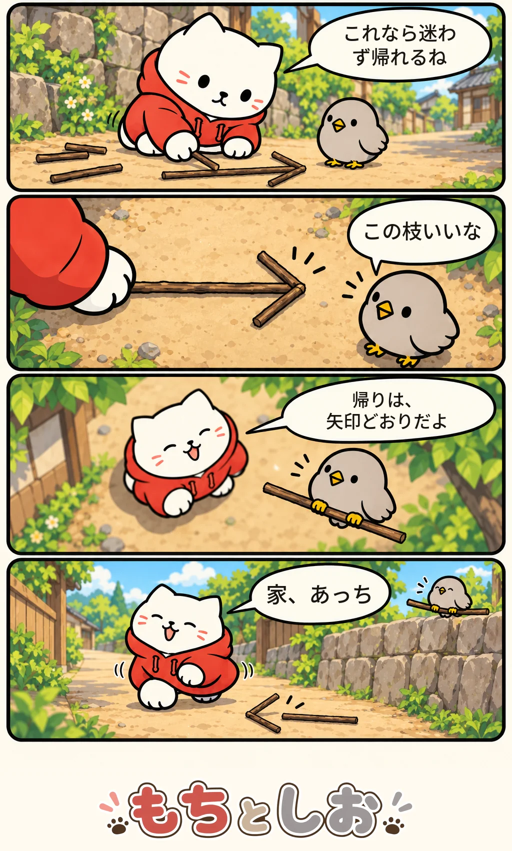 第51話「帰りみちの矢印」。モチ「これなら迷わず帰れるね」 シオ「この枝いいな」 モチ「帰りは、矢印どおりだよ」 モチ「家、あっち」