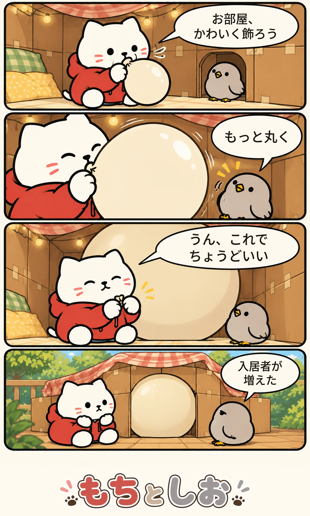 第52話「ふくらむ予感」。モチ「お部屋、かわいく飾ろう」 シオ「もっと丸く」 モチ「うん、これでちょうどいい」 シオ「入居者が増えた」