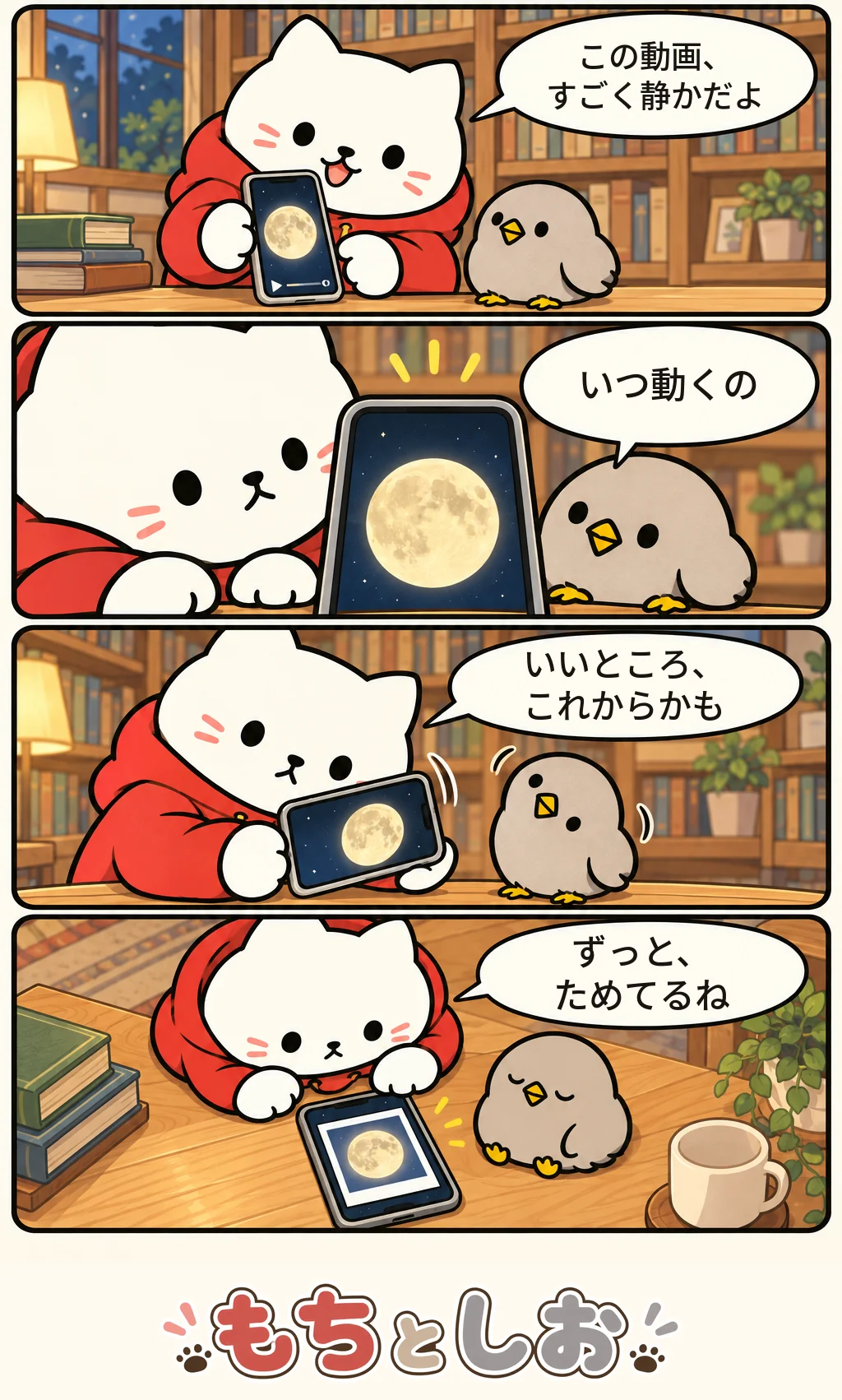 第53話「静かすぎる動画」。モチ「この動画、すごく静かだよ」 シオ「いつ動くの」 モチ「いいところ、これからかも」 モチ「ずっと、ためてるね」