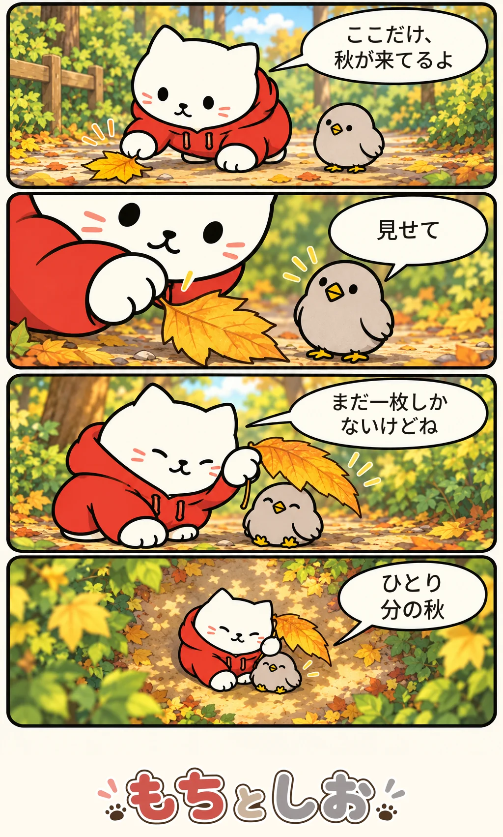 第54話「秋の先取り」。モチ「ここだけ、秋が来てるよ」 シオ「見せて」 モチ「まだ一枚しかないけどね」 シオ「ひとり分の秋」