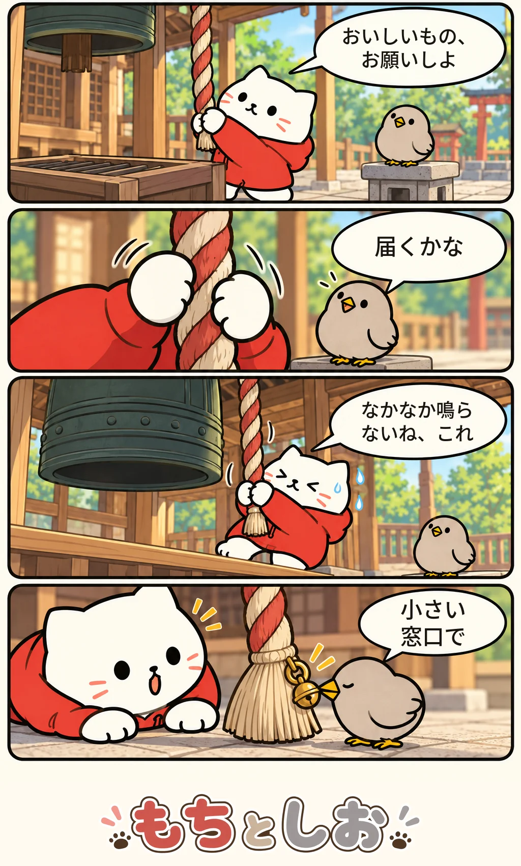 第55話「ねがいごとの鈴」。モチ「おいしいもの、お願いしよ」 シオ「届くかな」 モチ「なかなか鳴らないね、これ」 シオ「小さい窓口で」