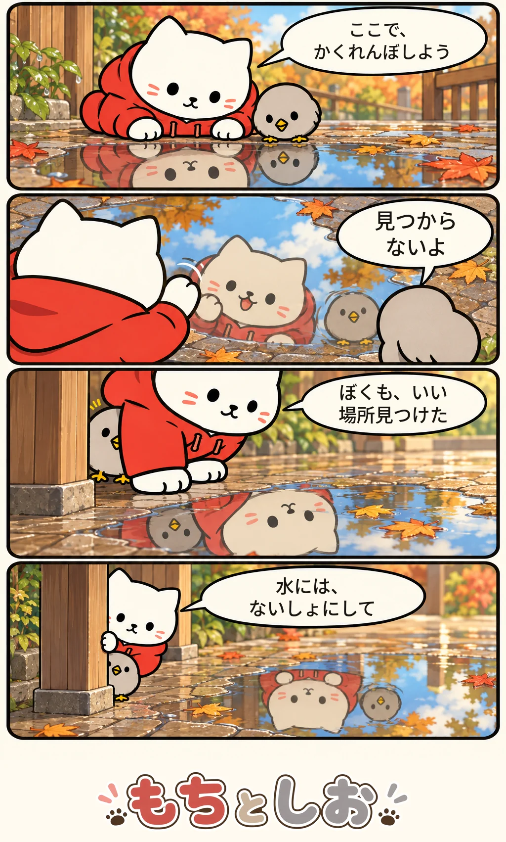 第56話「影だけかくれんぼ」。モチ「ここで、かくれんぼしよう」 シオ「見つからないよ」 モチ「ぼくも、いい場所見つけた」 モチ「水には、ないしょにして」