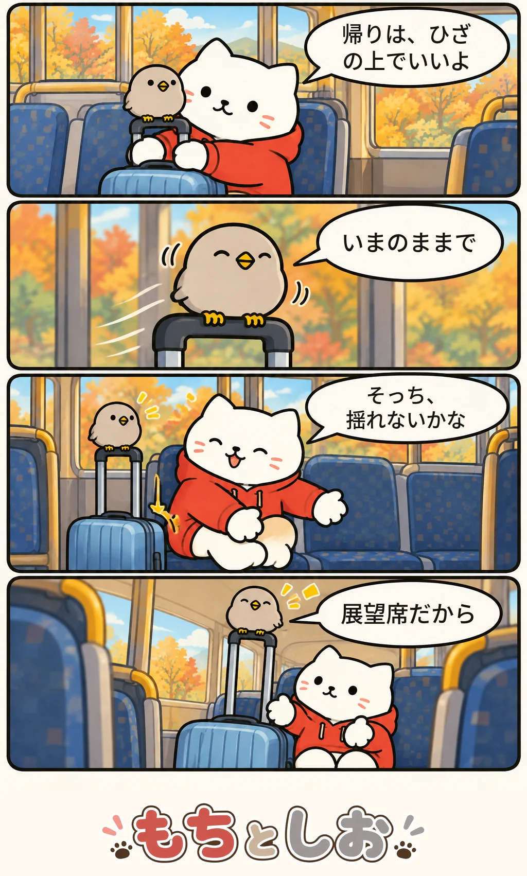 第57話「座れるおみやげ」。モチ「帰りは、ひざの上でいいよ」 シオ「いまのままで」 モチ「そっち、揺れないかな」 シオ「展望席だから」