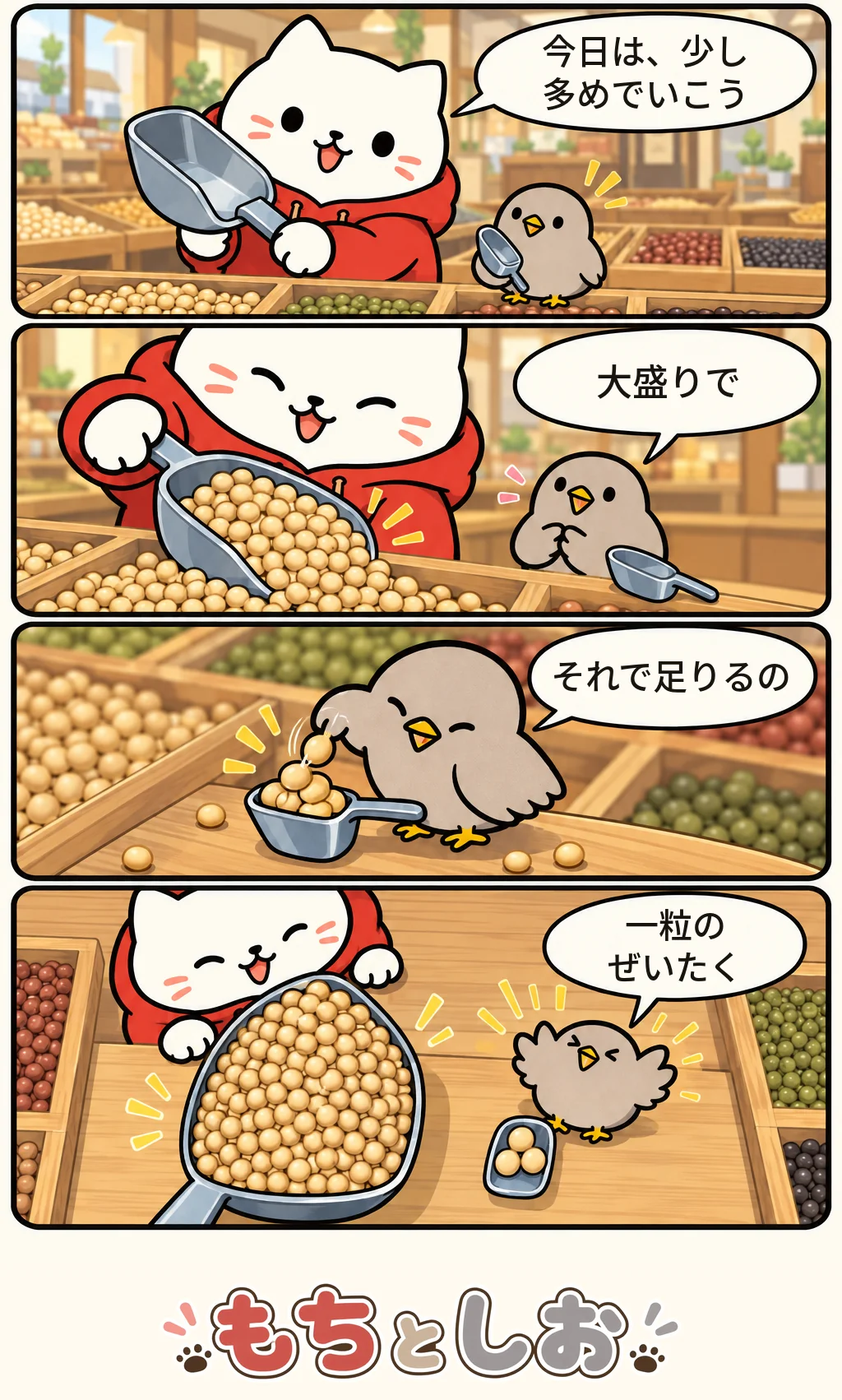 第58話「大盛りの計量」。モチ「今日は、少し多めでいこう」 シオ「大盛りで」 モチ「それで足りるの」 シオ「一粒のぜいたく」