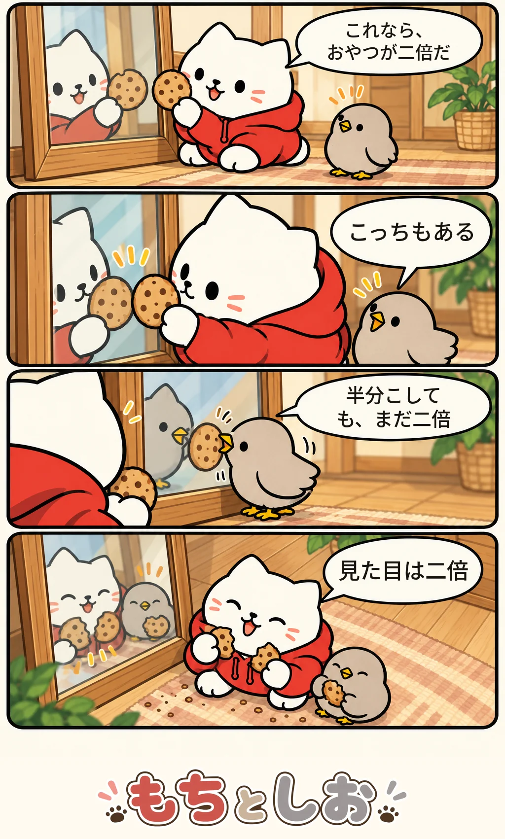 第59話「おやつの反射」。モチ「これなら、おやつが二倍だ」 シオ「こっちもある」 モチ「半分こしても、まだ二倍」 モチ「見た目は二倍」