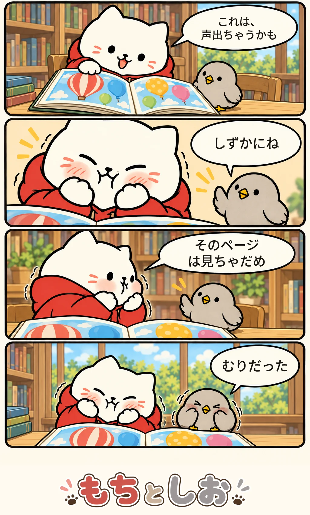 第6話「静かな応援」。モチ「これは、声出ちゃうかも」 シオ「しずかにね」 モチ「そのページは見ちゃだめ」 シオ「むりだった」