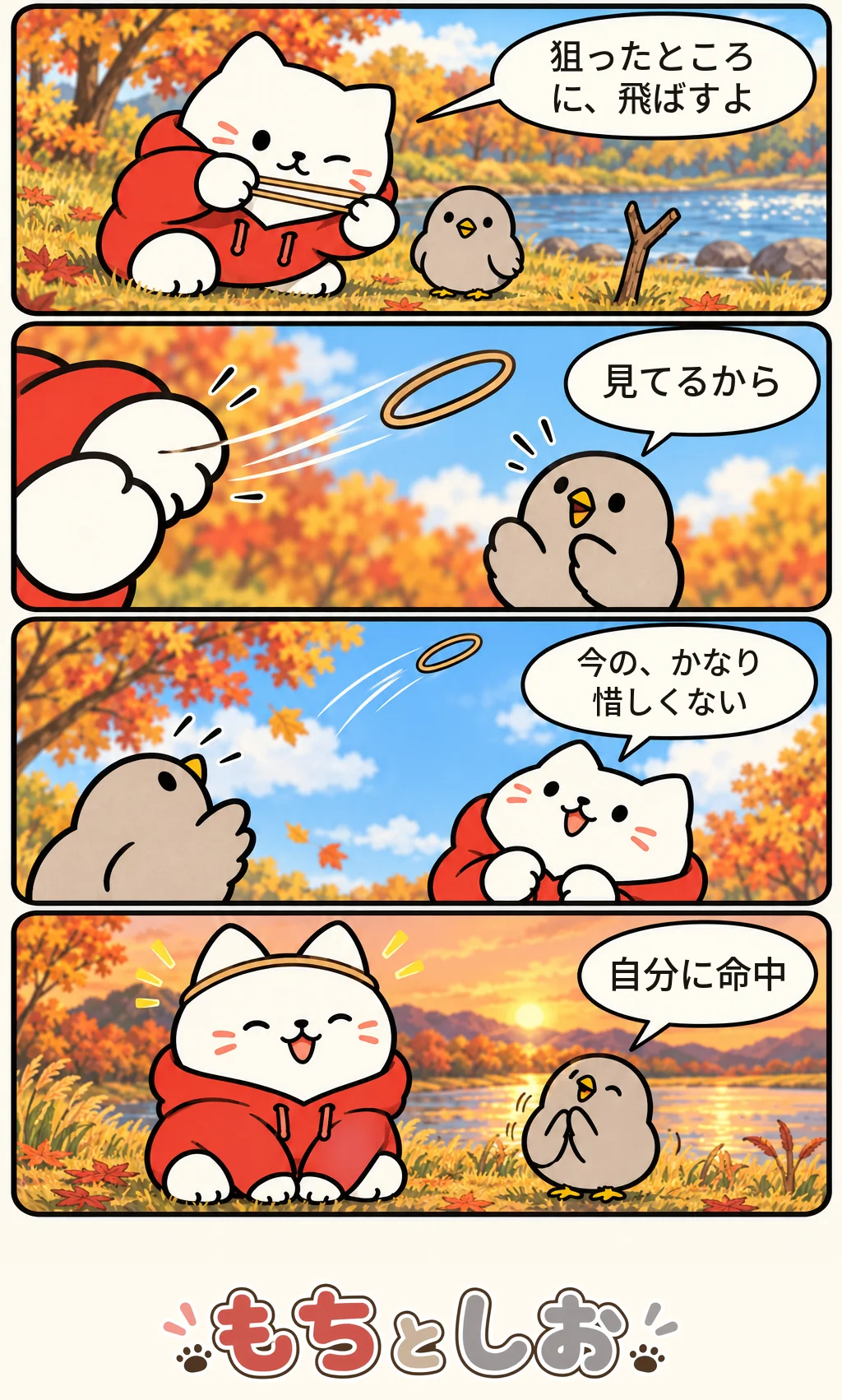 第60話「夕方のキャッチ」。モチ「狙ったところに、飛ばすよ」 シオ「見てるから」 モチ「今の、かなり惜しくない」 シオ「自分に命中」