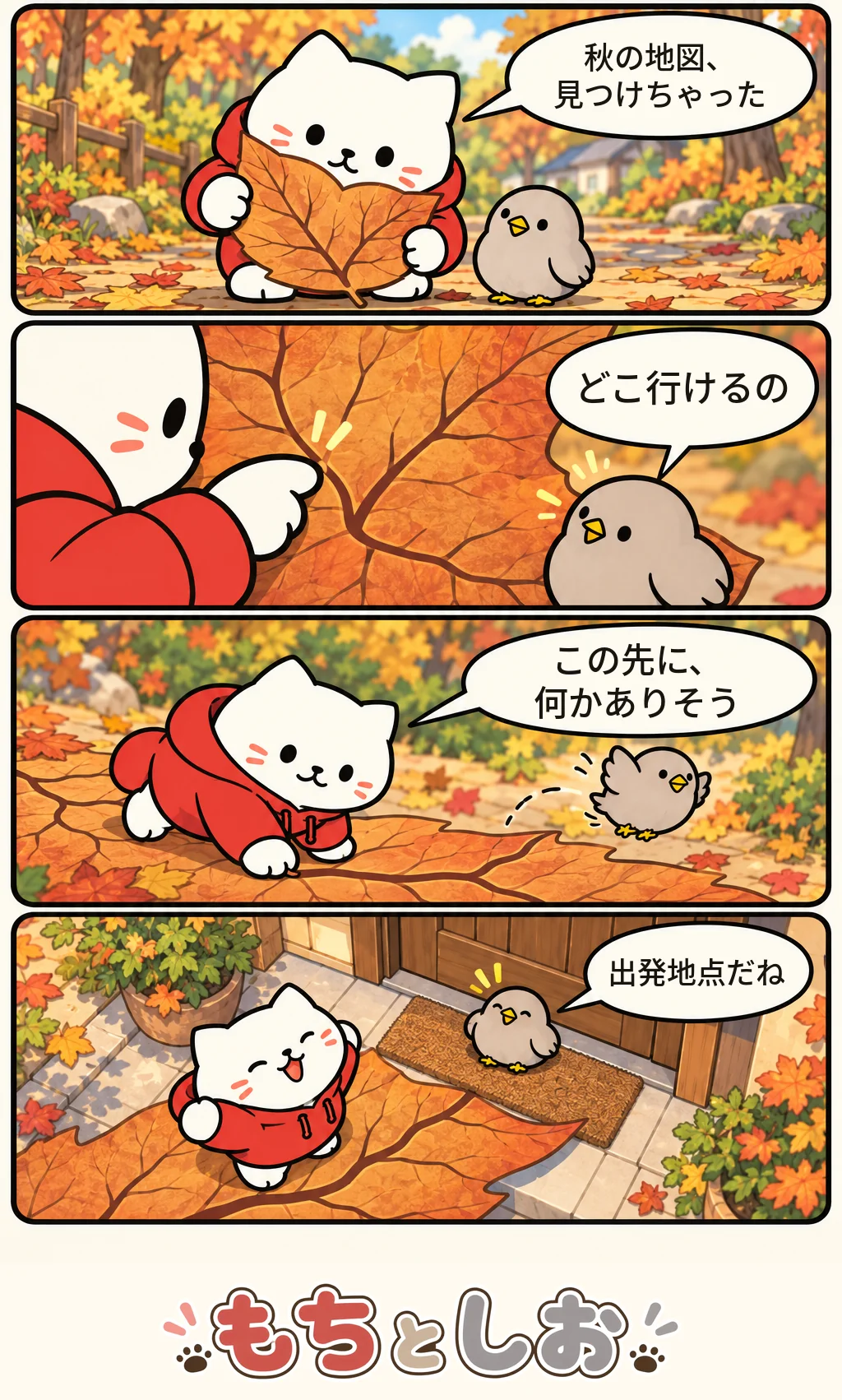 第61話「ひろった秋の地図」。モチ「秋の地図、見つけちゃった」 シオ「どこ行けるの」 モチ「この先に、何かありそう」 シオ「出発地点だね」
