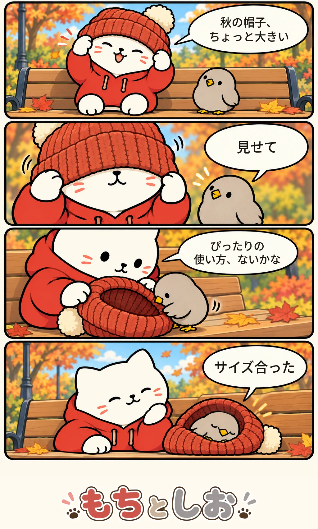 第63話「帽子の中の風」。モチ「秋の帽子、ちょっと大きい」 シオ「見せて」 モチ「ぴったりの使い方、ないかな」 シオ「サイズ合った」
