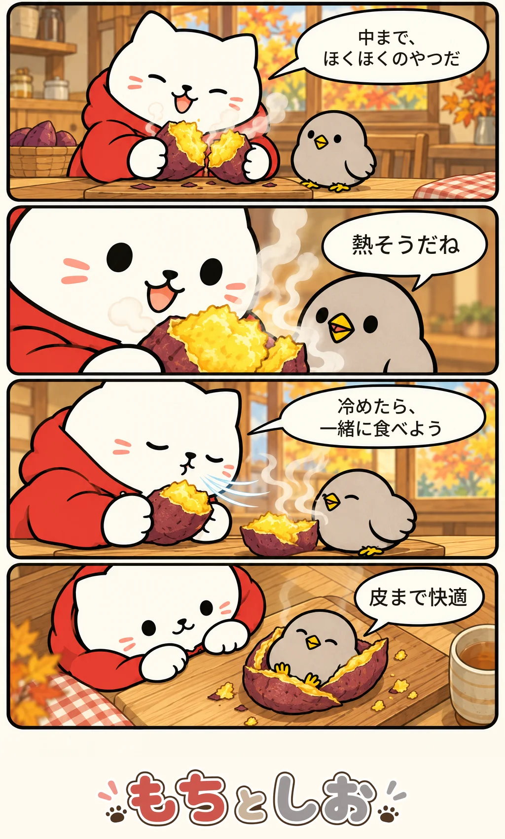第64話「おいしい湯気」。モチ「中まで、ほくほくのやつだ」 シオ「熱そうだね」 モチ「冷めたら、一緒に食べよう」 シオ「皮まで快適」