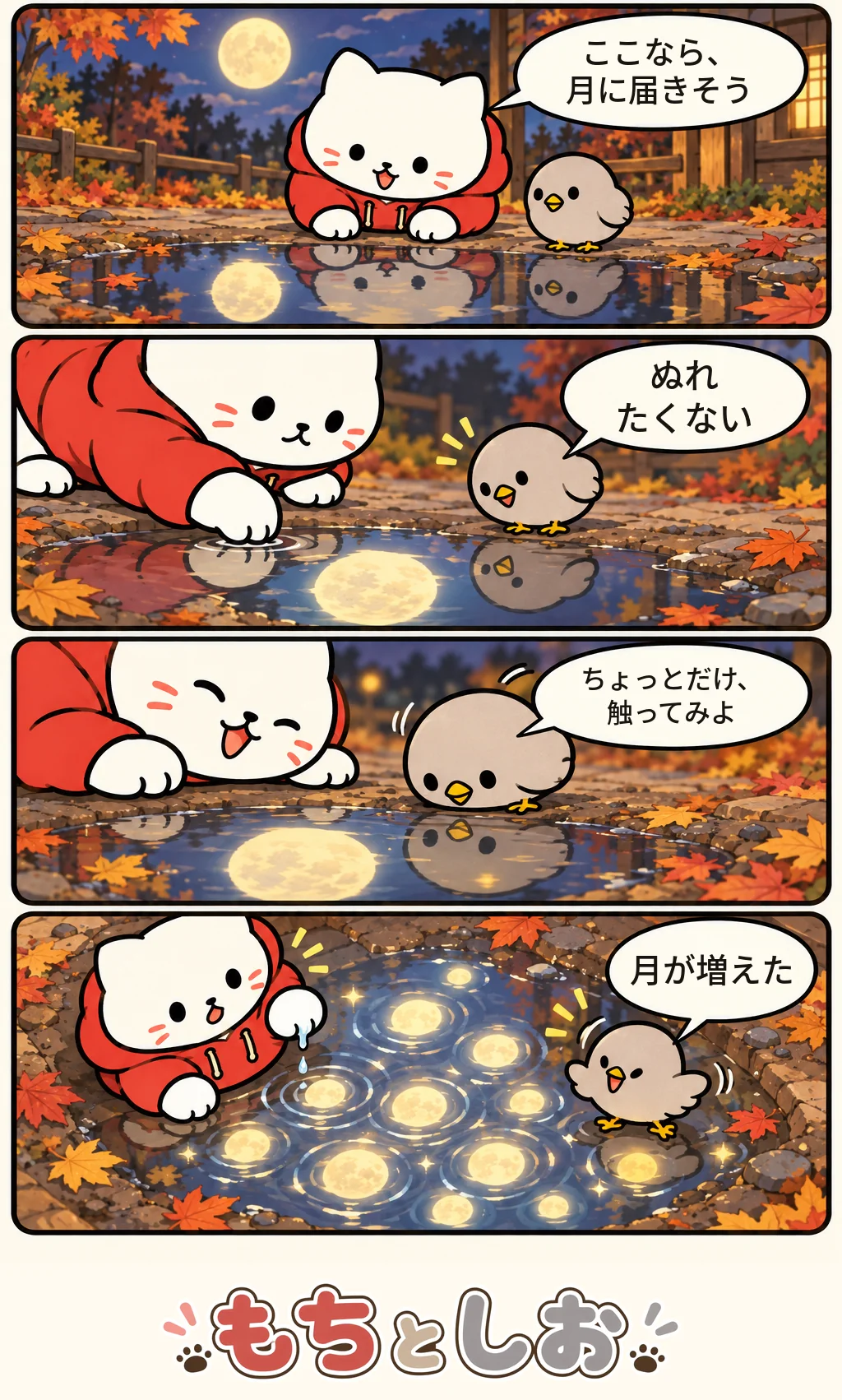 第65話「月まで一歩」。モチ「ここなら、月に届きそう」 シオ「ぬれたくない」 モチ「ちょっとだけ、触ってみよ」 シオ「月が増えた」