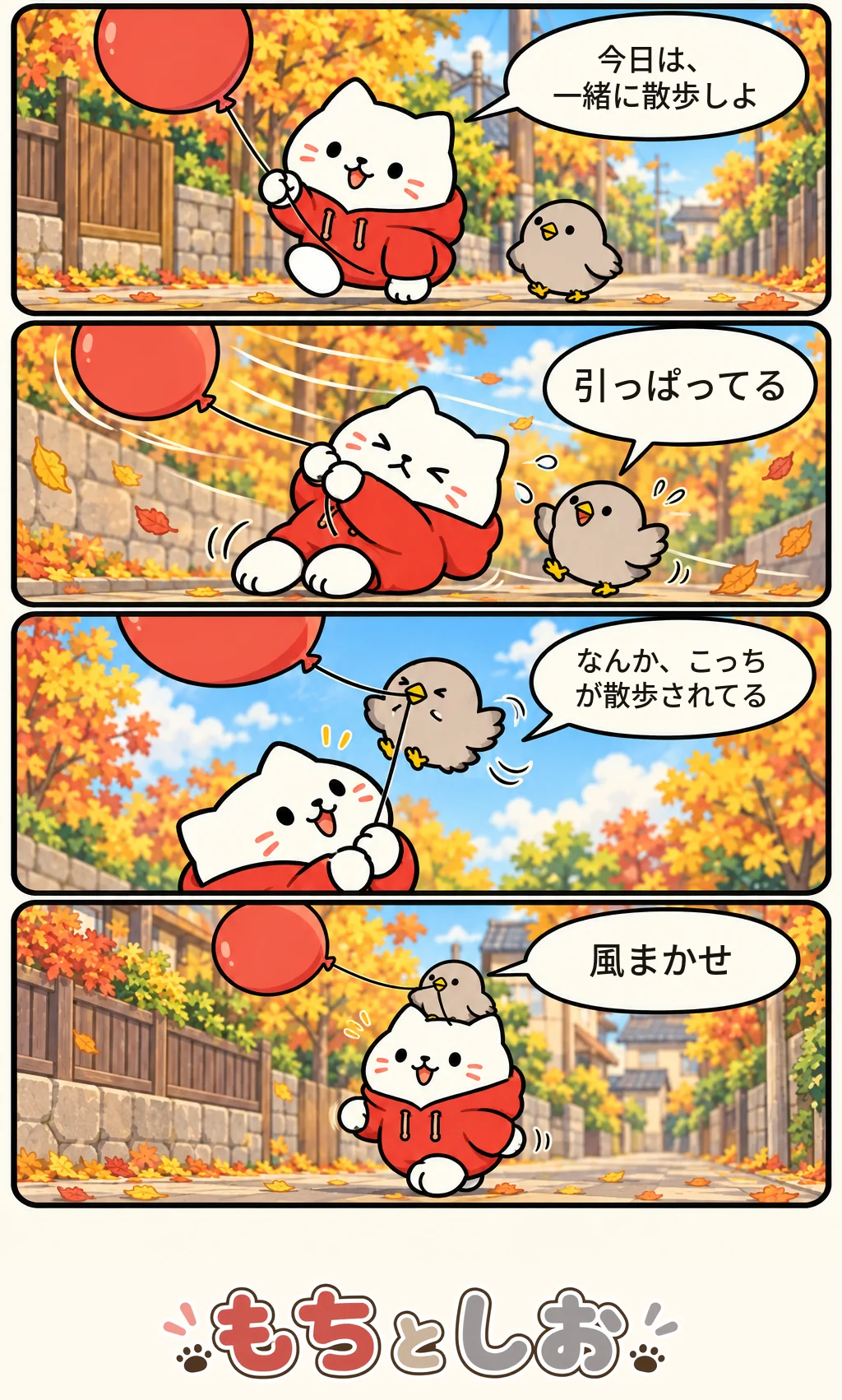 第66話「ふうせんの散歩」。モチ「今日は、一緒に散歩しよ」 シオ「引っぱってる」 モチ「なんか、こっちが散歩されてる」 シオ「風まかせ」